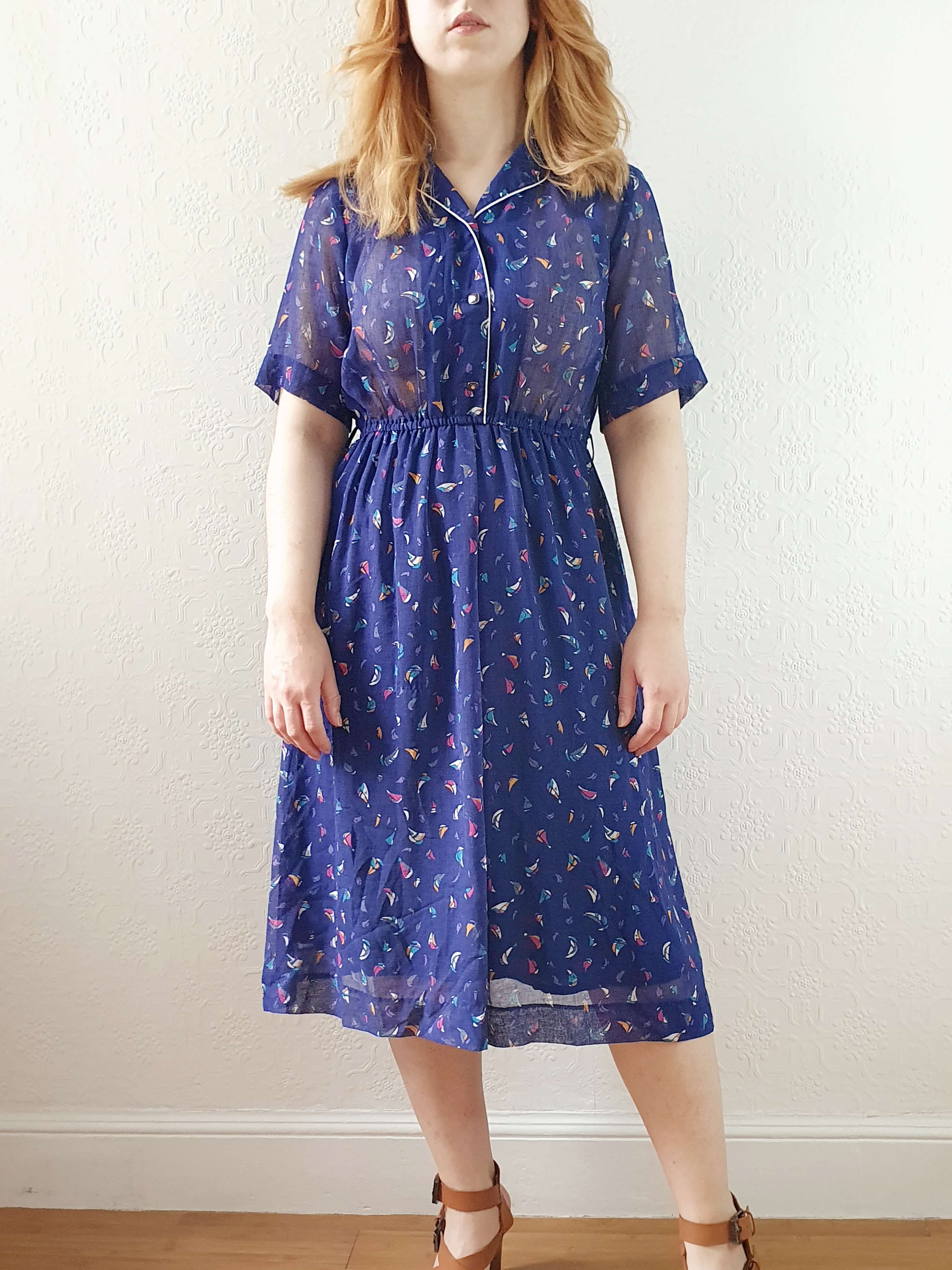 Vintage 70s Navy Short Sleeve Shirt Dress with Boat Pattern - S