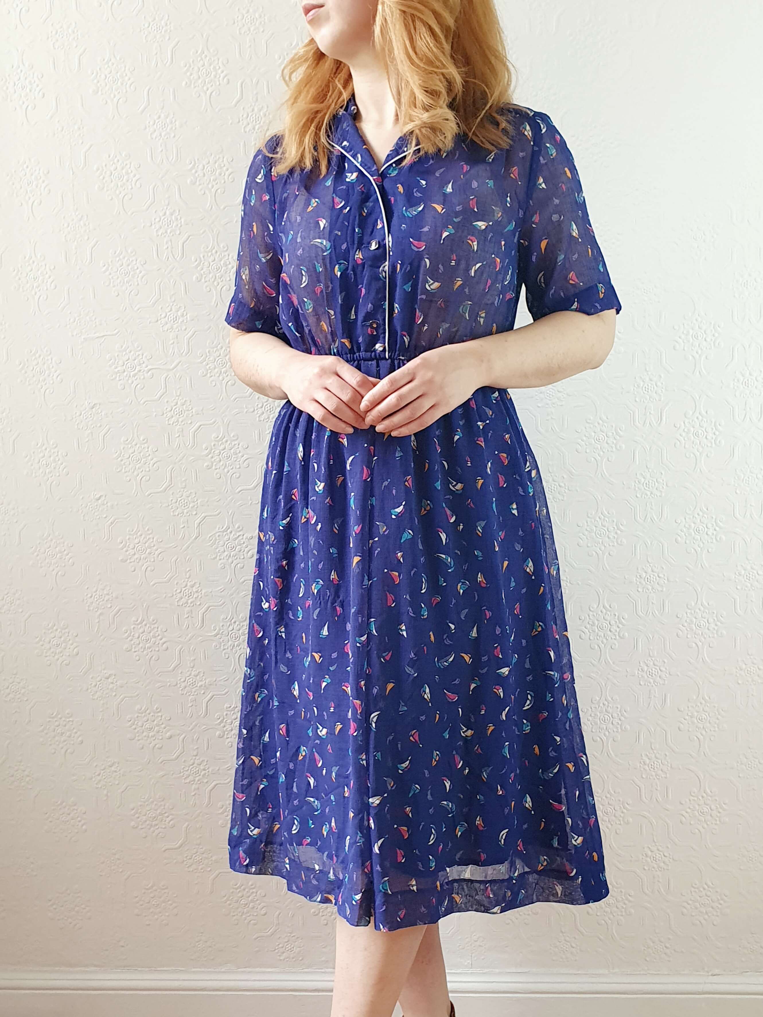 Vintage 70s Navy Short Sleeve Shirt Dress with Boat Pattern - S - Image 10