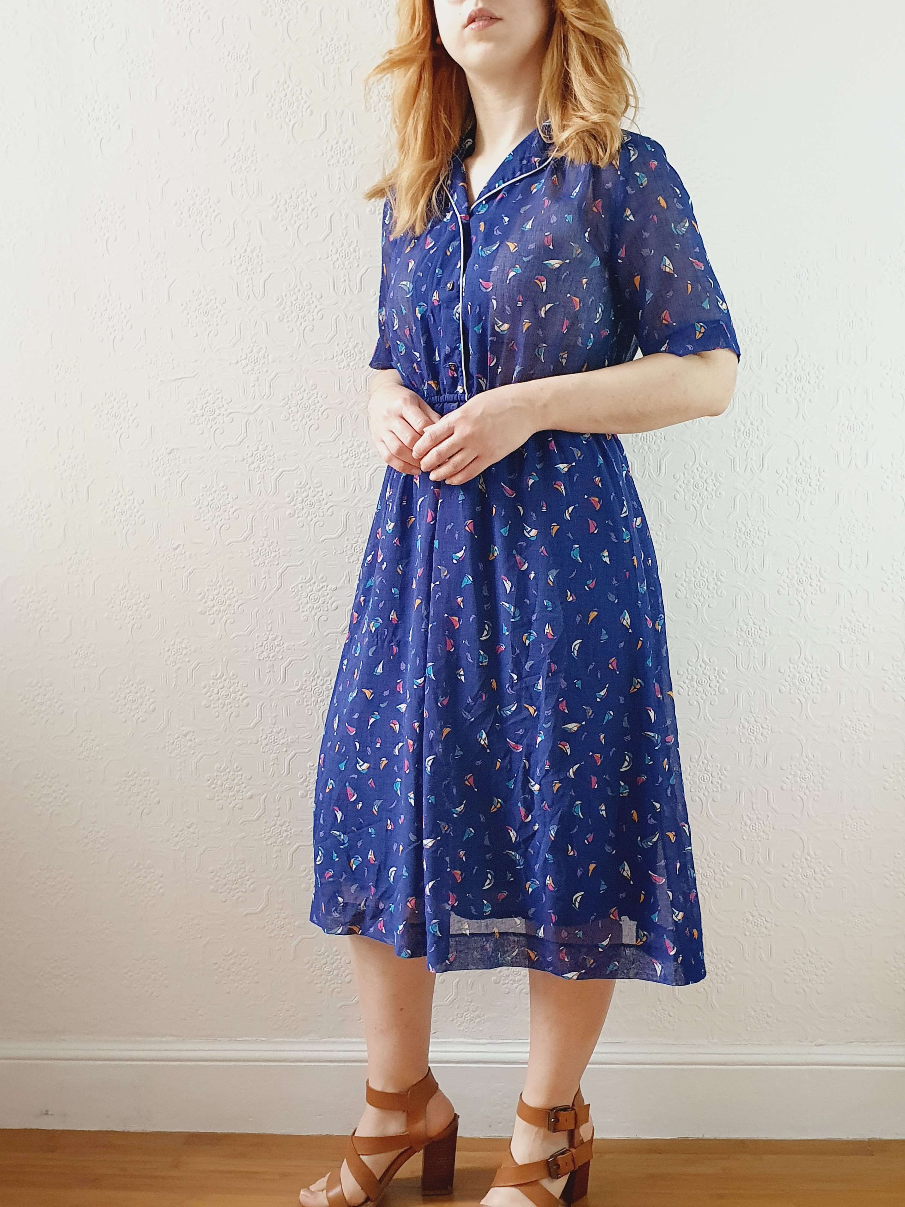 Vintage 70s Navy Short Sleeve Shirt Dress with Boat Pattern - S - Image 11