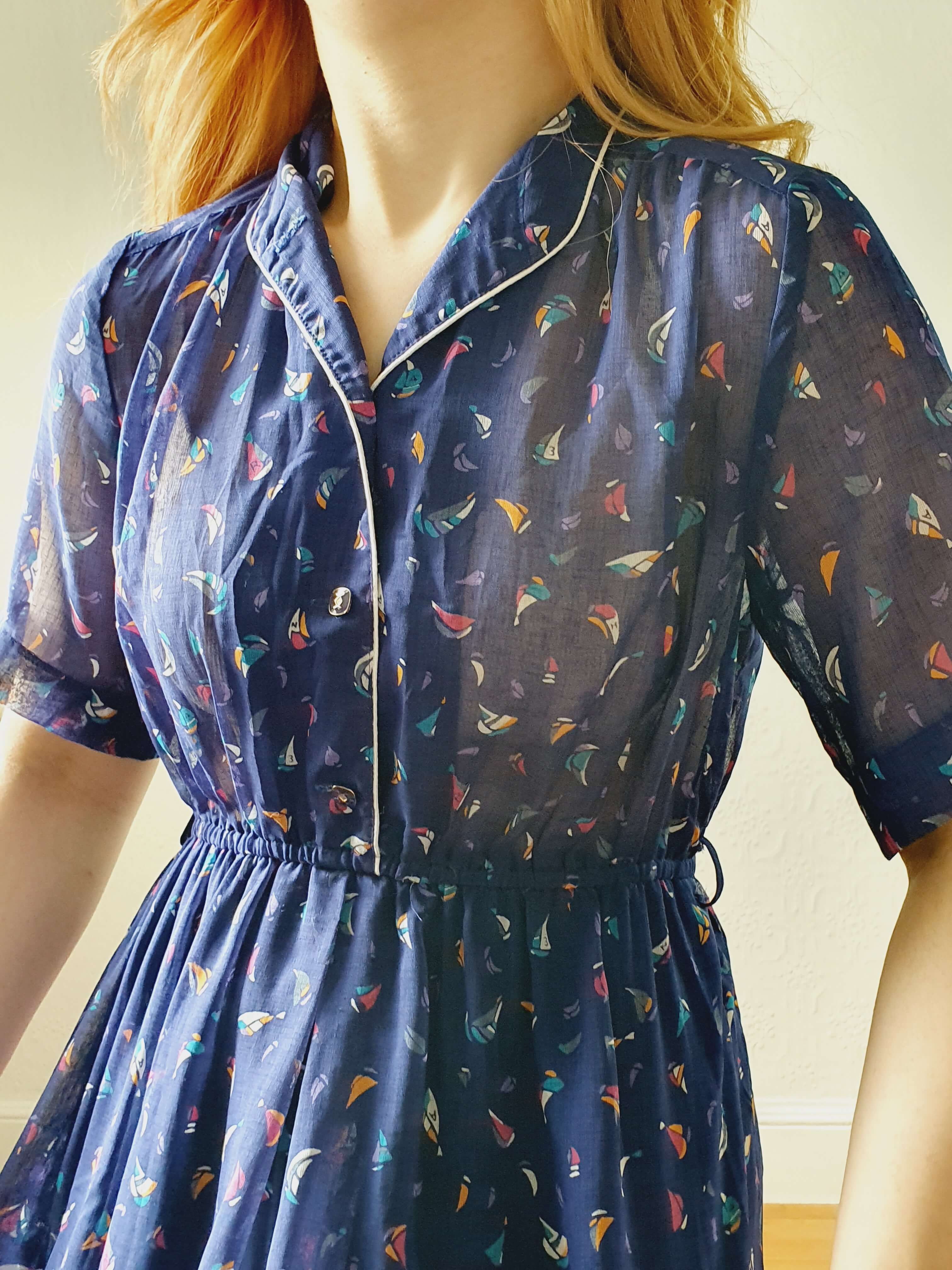 Vintage 70s Navy Short Sleeve Shirt Dress with Boat Pattern - S - Image 12