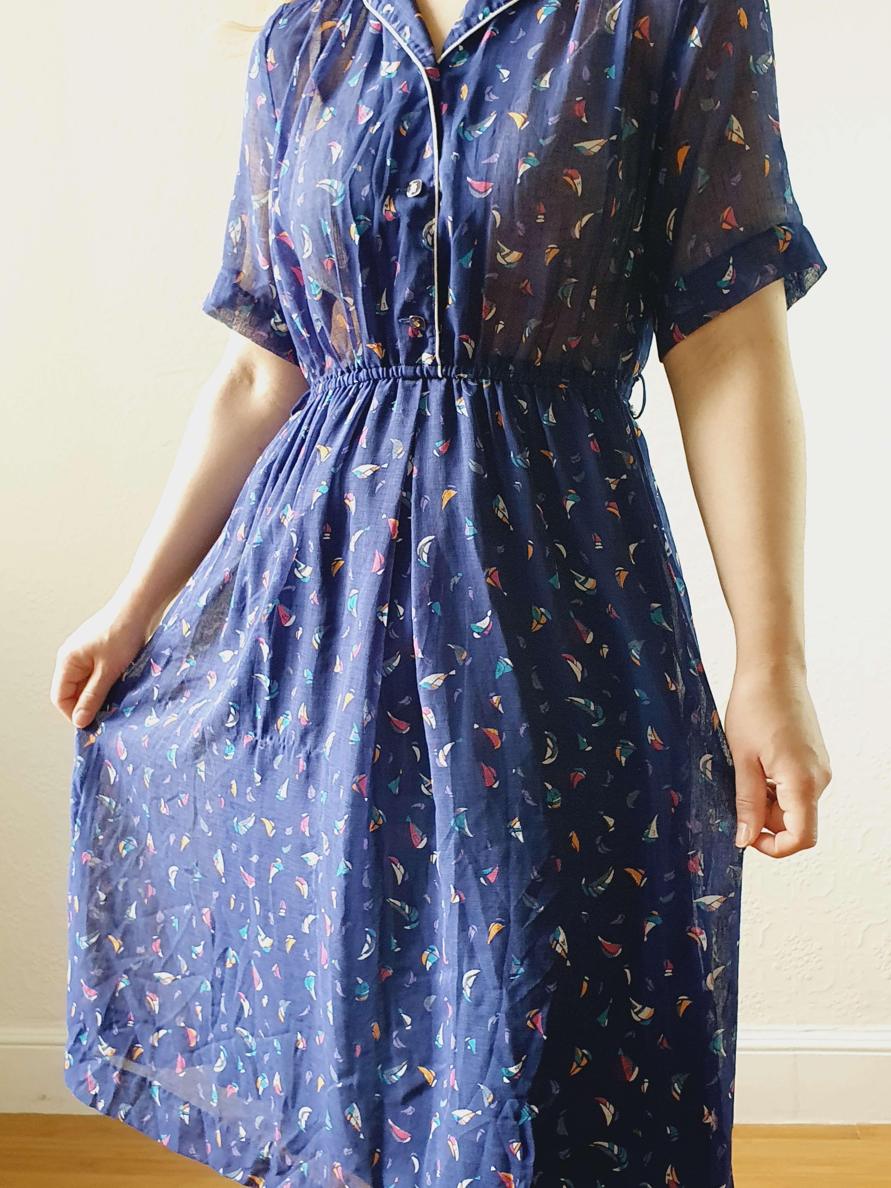 Vintage 70s Navy Short Sleeve Shirt Dress with Boat Pattern - S - Image 13