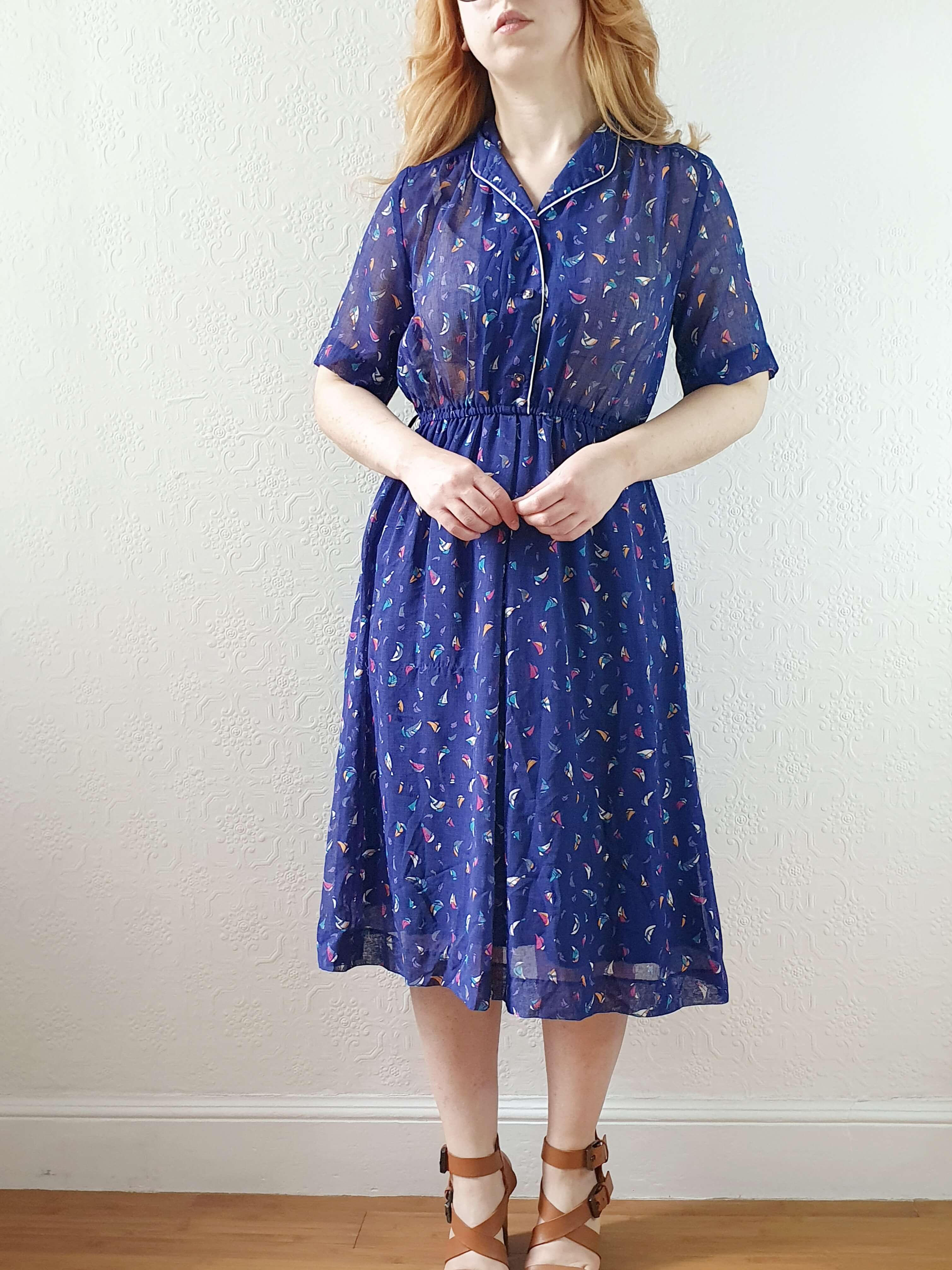 Vintage 70s Navy Short Sleeve Shirt Dress with Boat Pattern - S - Image 14