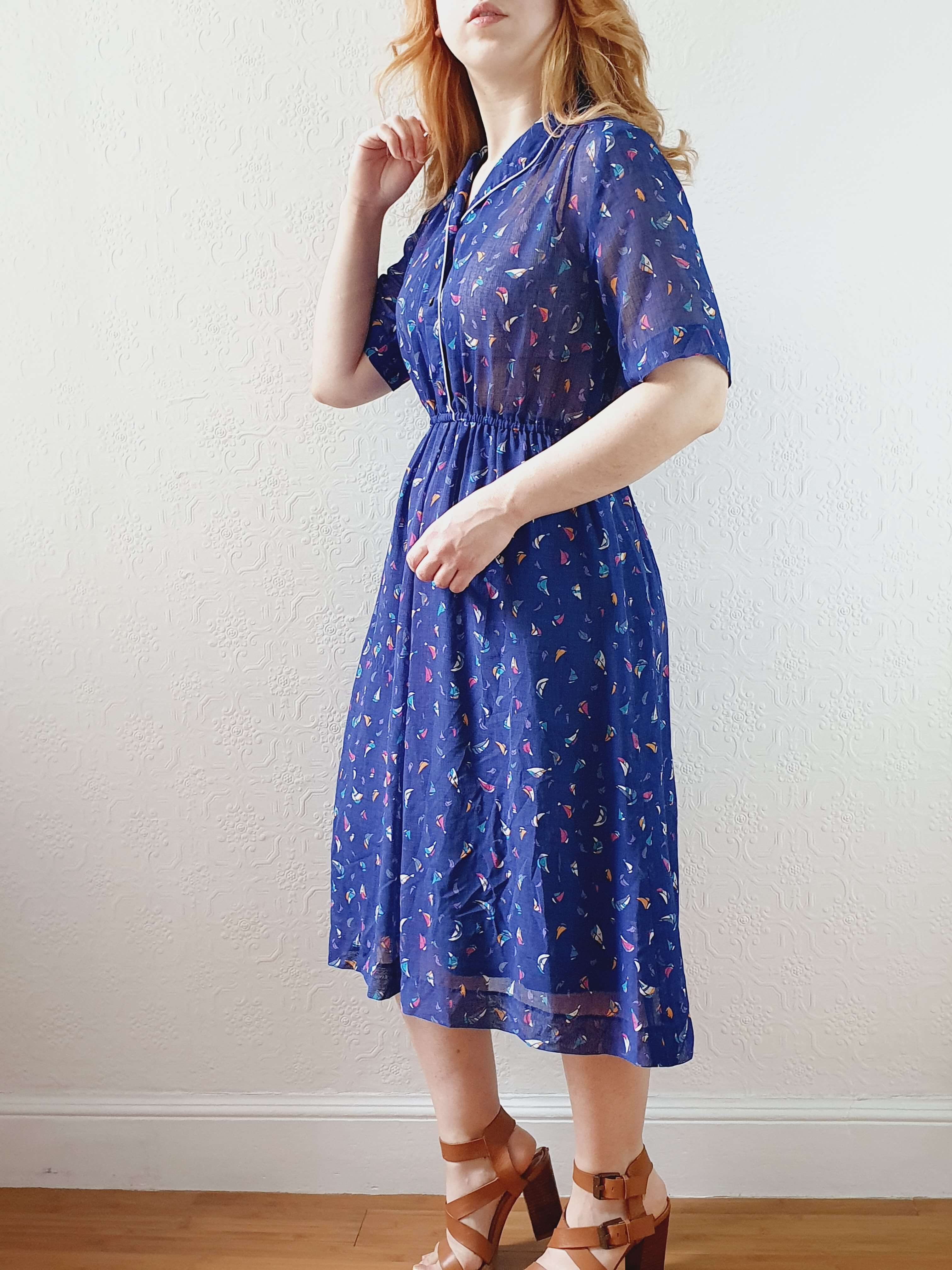 Vintage 70s Navy Short Sleeve Shirt Dress with Boat Pattern - S - Image 15