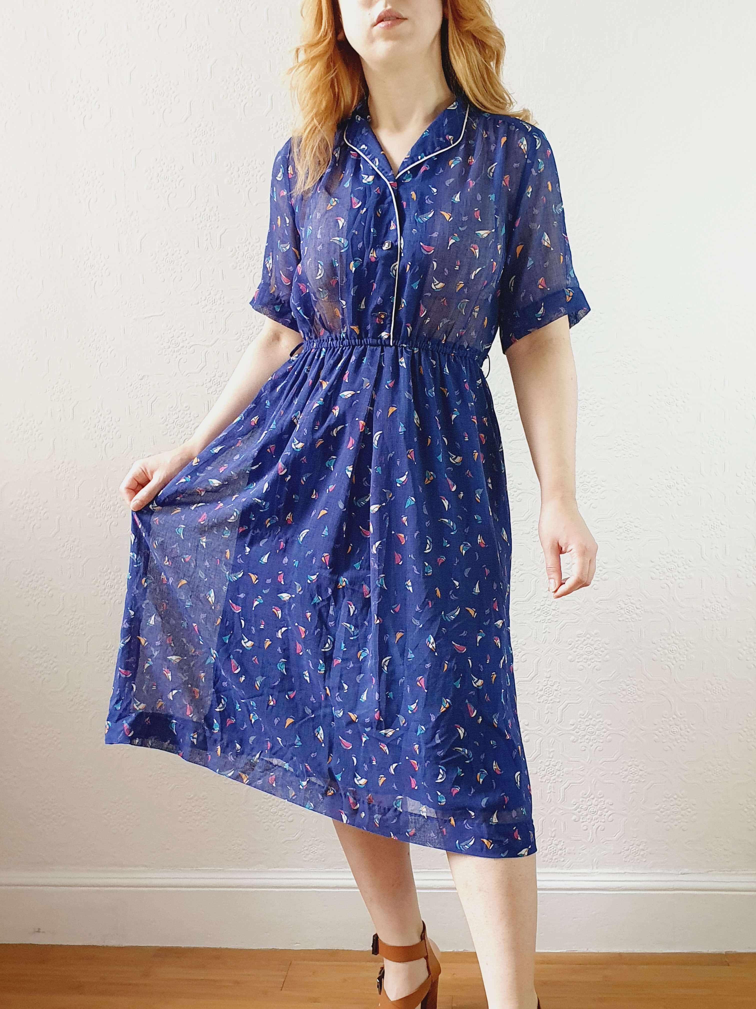 Vintage 70s Navy Short Sleeve Shirt Dress with Boat Pattern - S - Image 2
