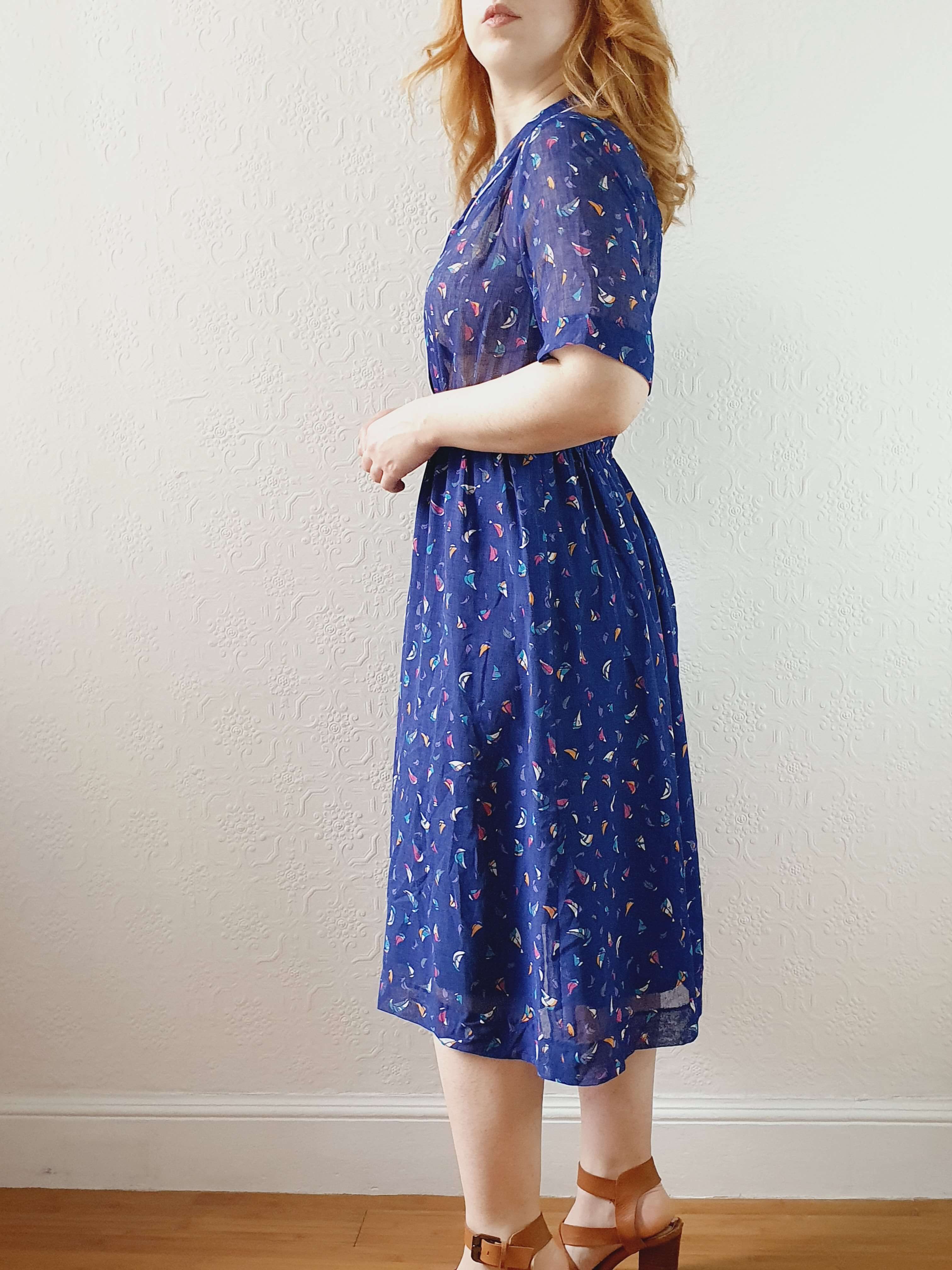 Vintage 70s Navy Short Sleeve Shirt Dress with Boat Pattern - S - Image 3