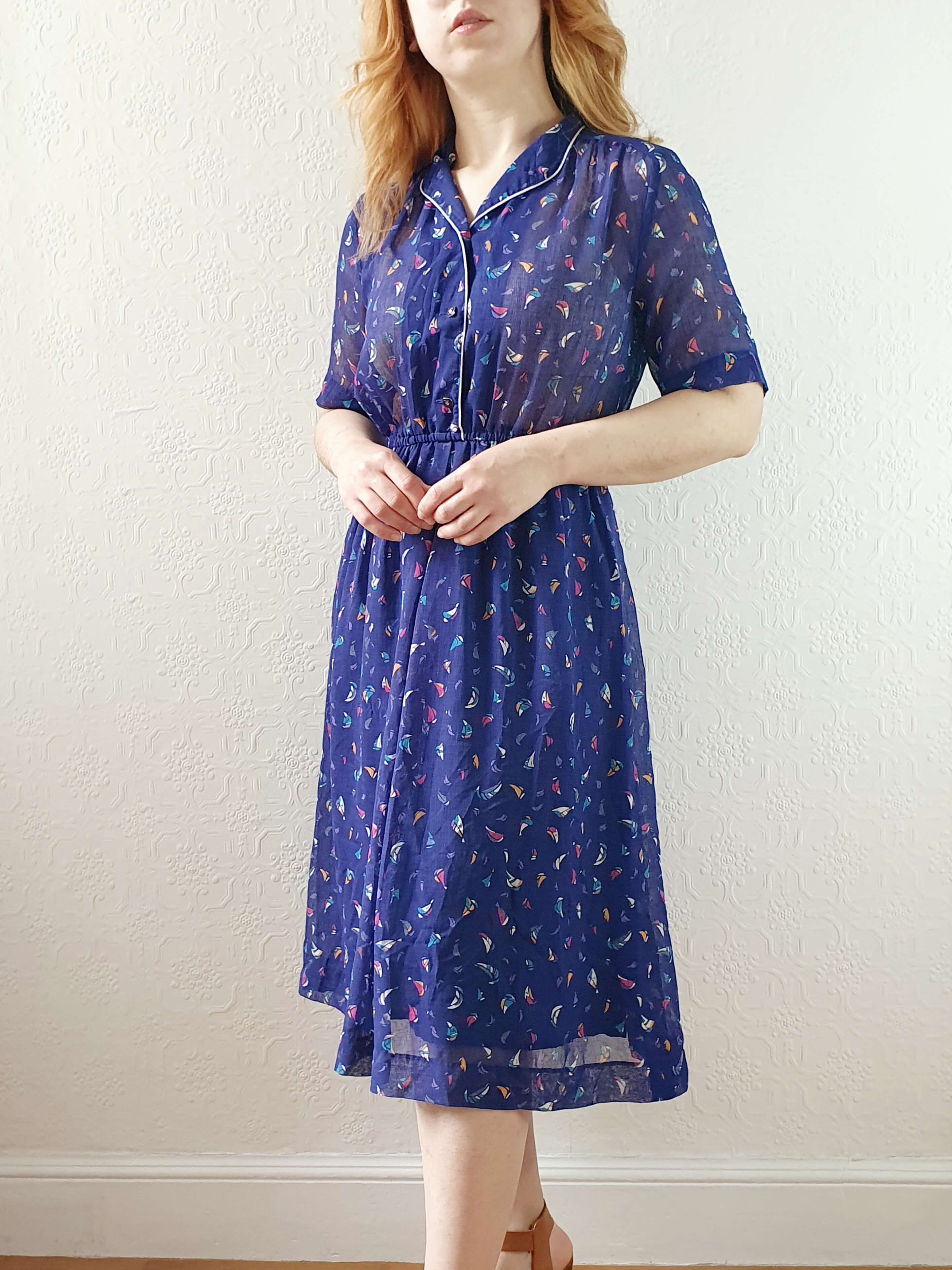 Vintage 70s Navy Short Sleeve Shirt Dress with Boat Pattern - S - Image 4