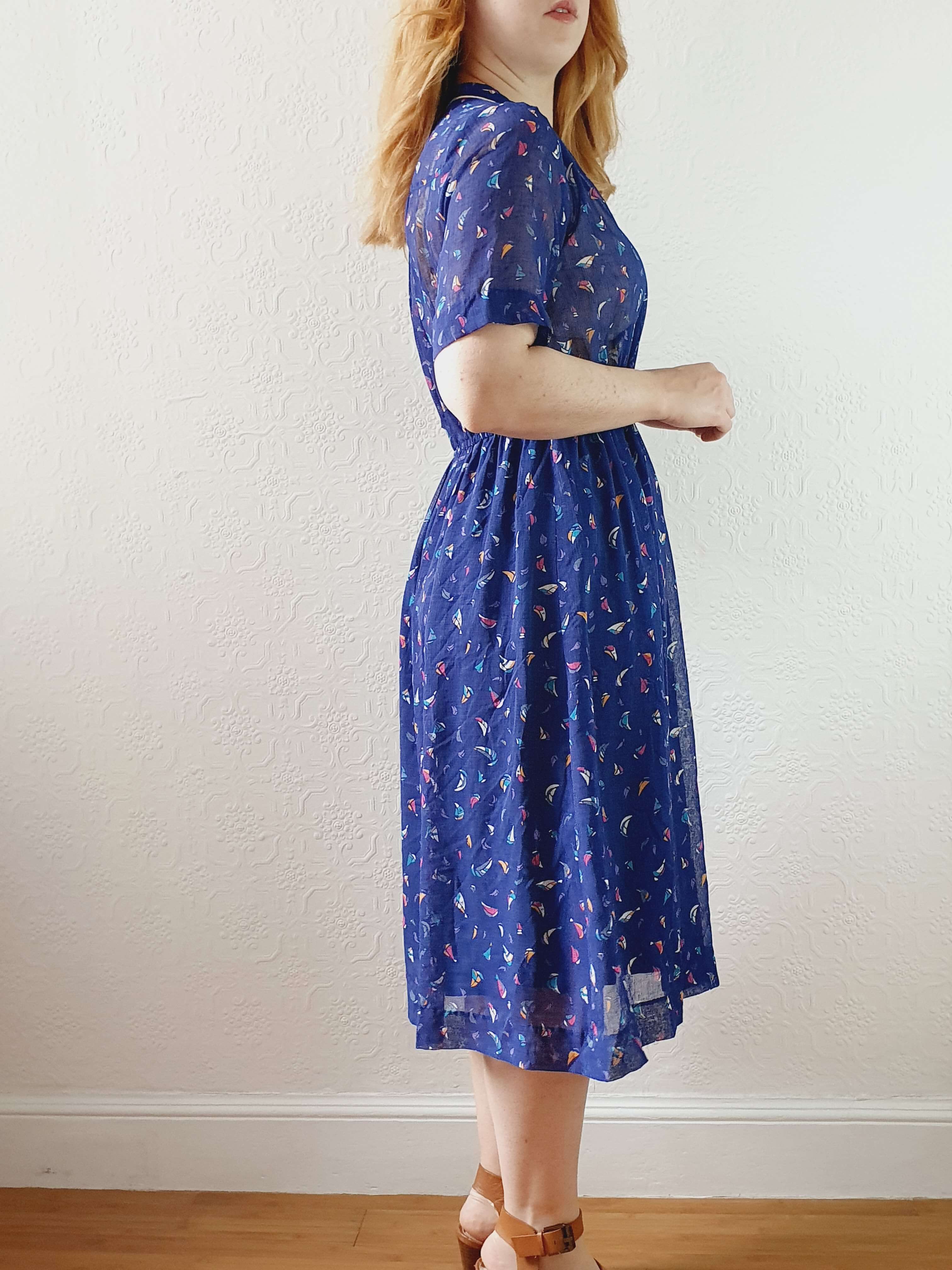 Vintage 70s Navy Short Sleeve Shirt Dress with Boat Pattern - S - Image 5