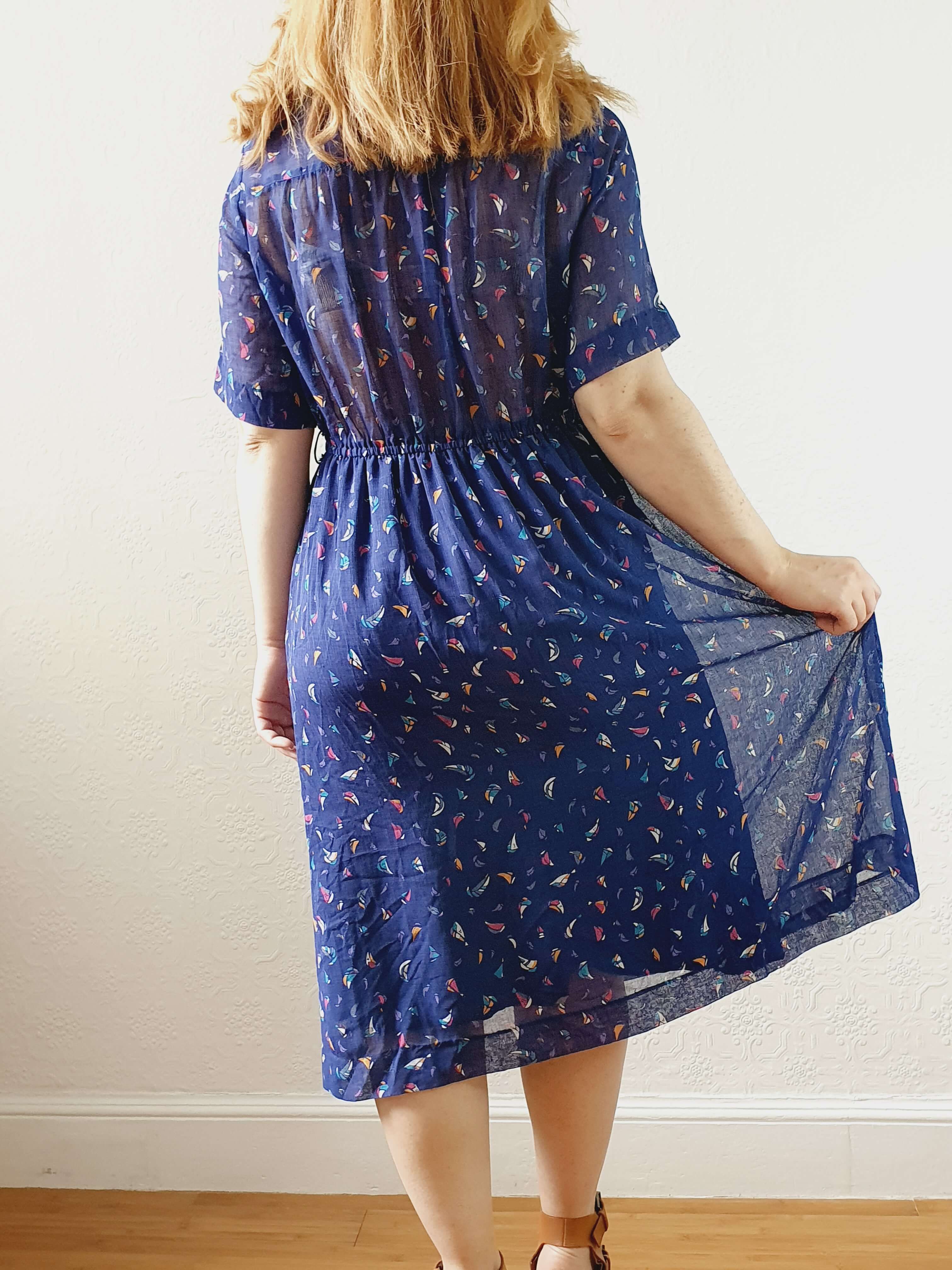 Vintage 70s Navy Short Sleeve Shirt Dress with Boat Pattern - S - Image 6