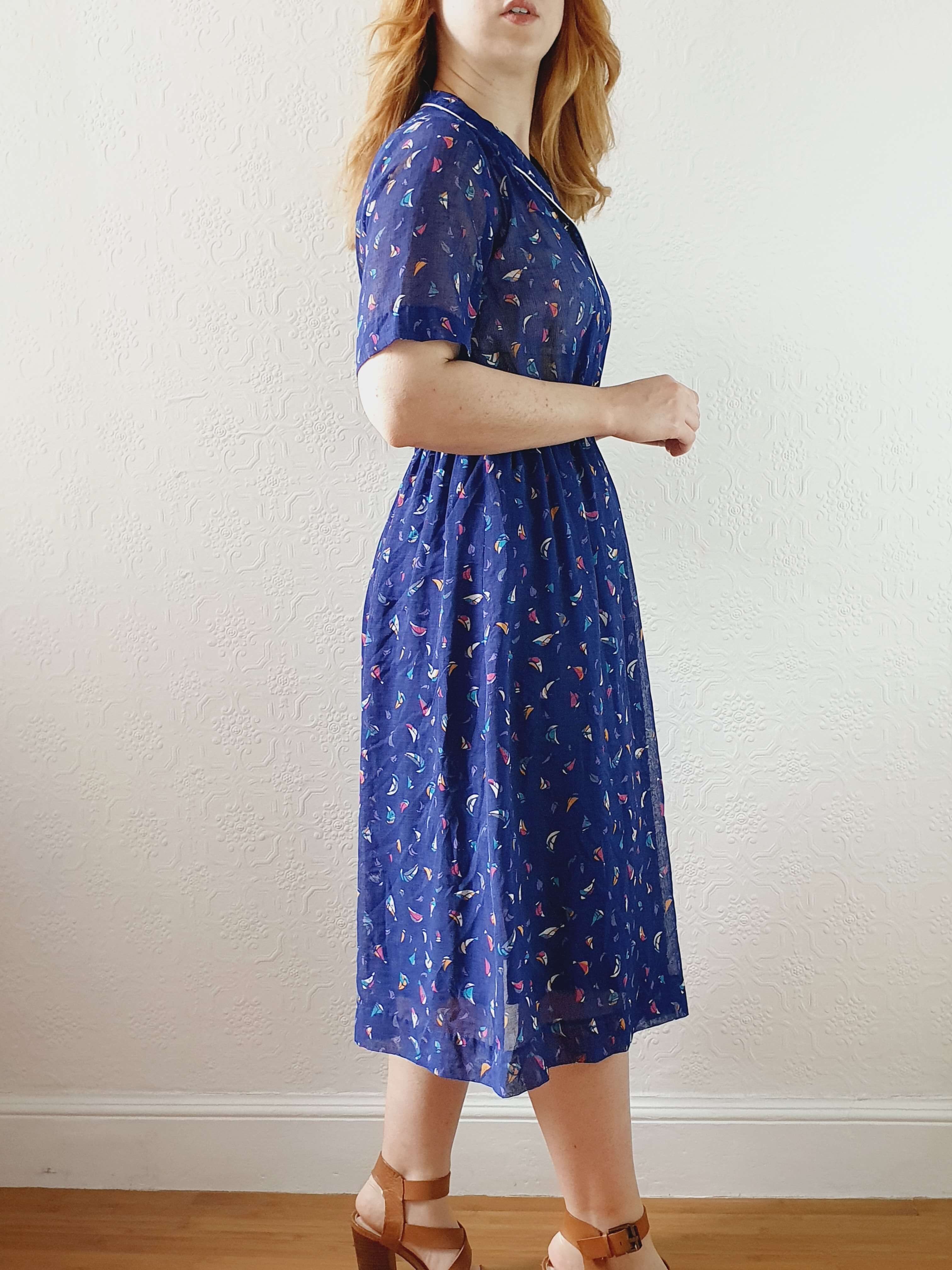 Vintage 70s Navy Short Sleeve Shirt Dress with Boat Pattern - S - Image 7