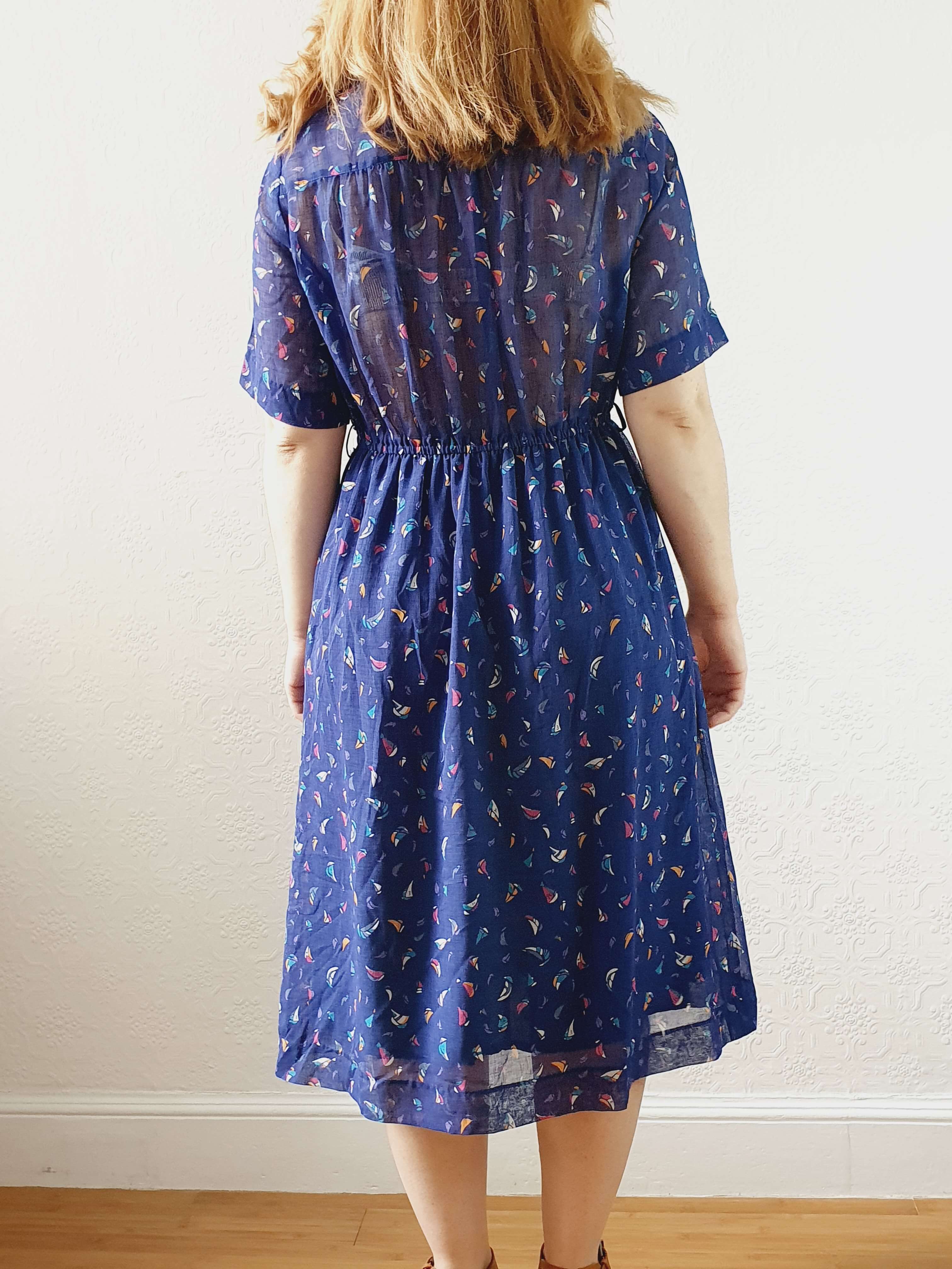 Vintage 70s Navy Short Sleeve Shirt Dress with Boat Pattern - S - Image 8