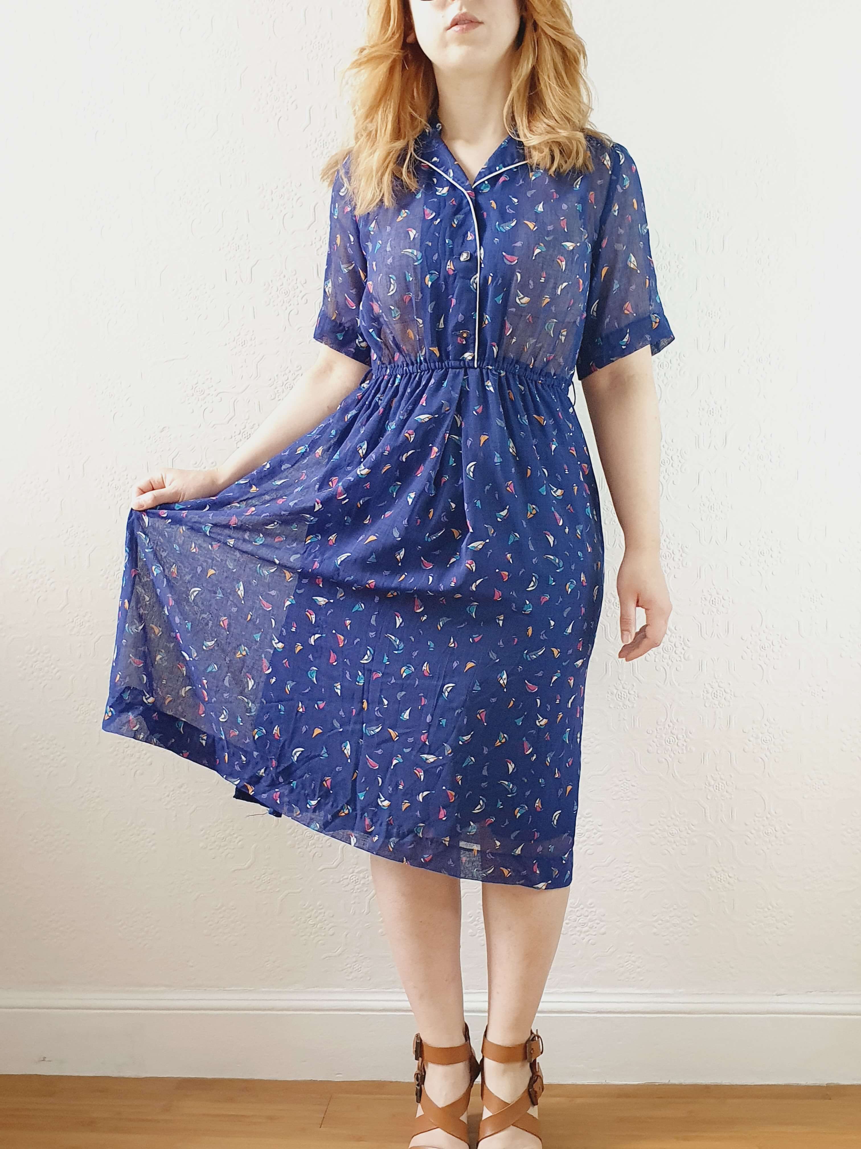 Vintage 70s Navy Short Sleeve Shirt Dress with Boat Pattern - S - Image 9
