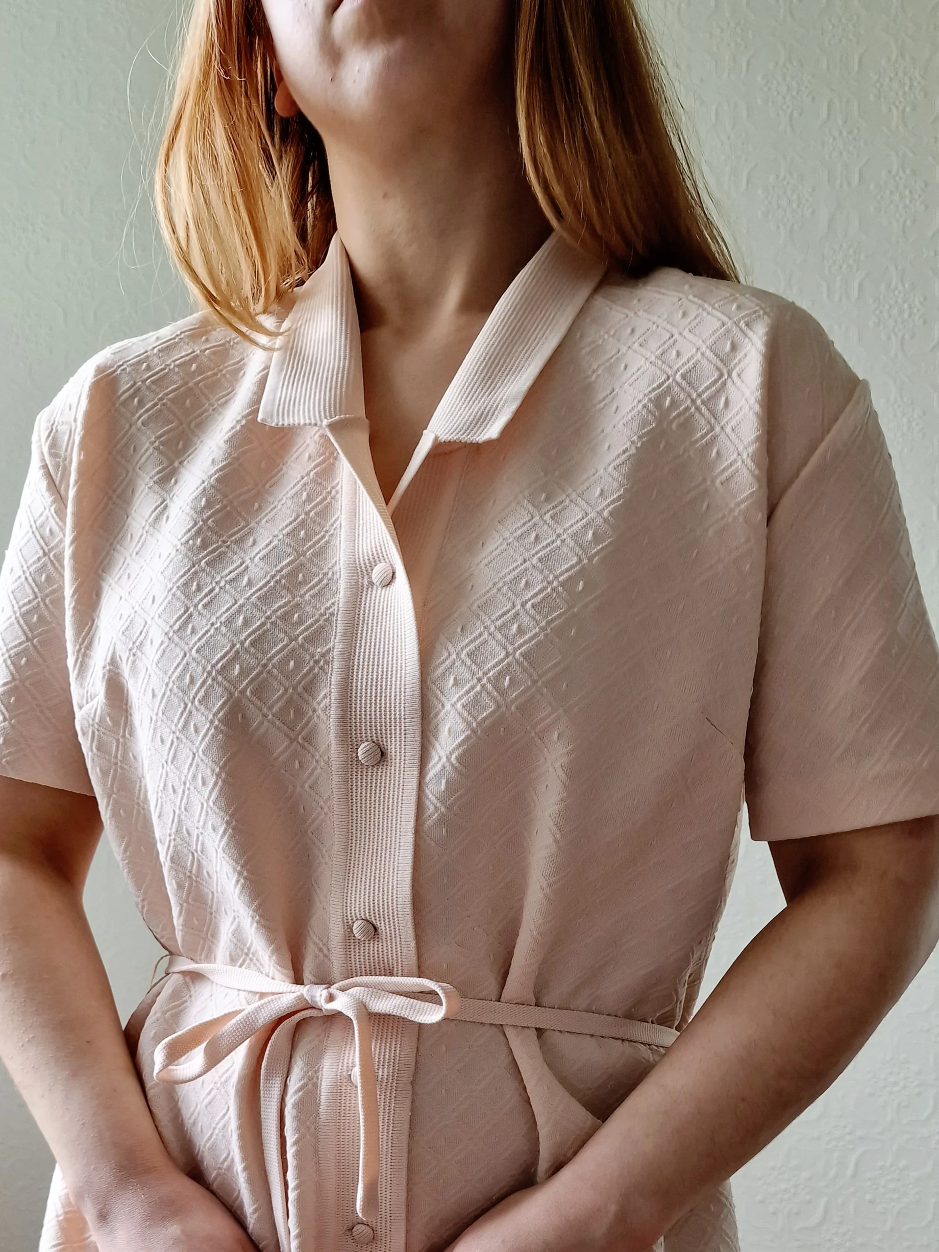 Vintage 70s Pale Cream Pink Knitted Dress with Short Sleeves - L - Image 7