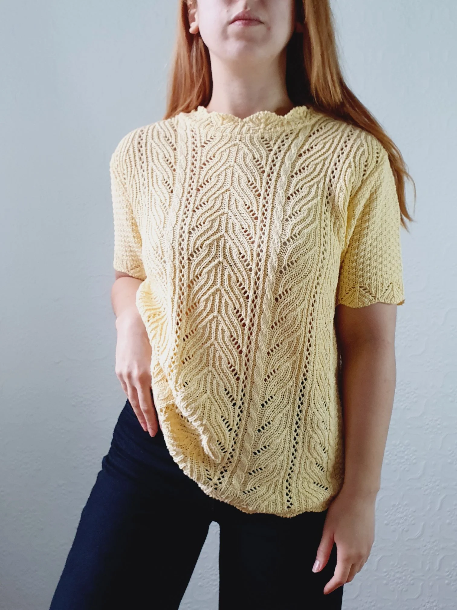 Vintage 70s Pale Yellow Scalloped Neck Short Sleeve Crochet Top - S - Image 10