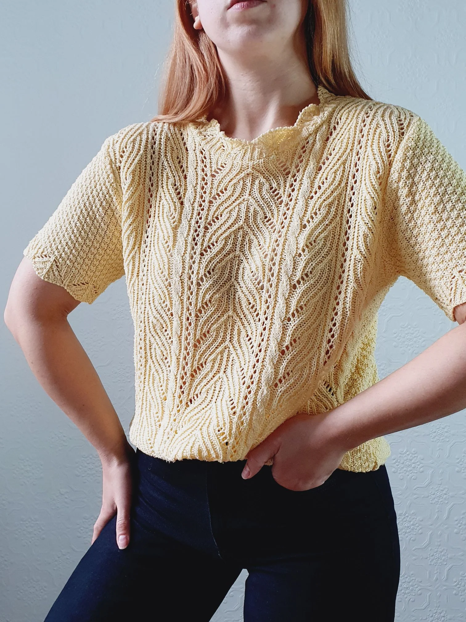 Vintage 70s Pale Yellow Scalloped Neck Short Sleeve Crochet Top - S - Image 3