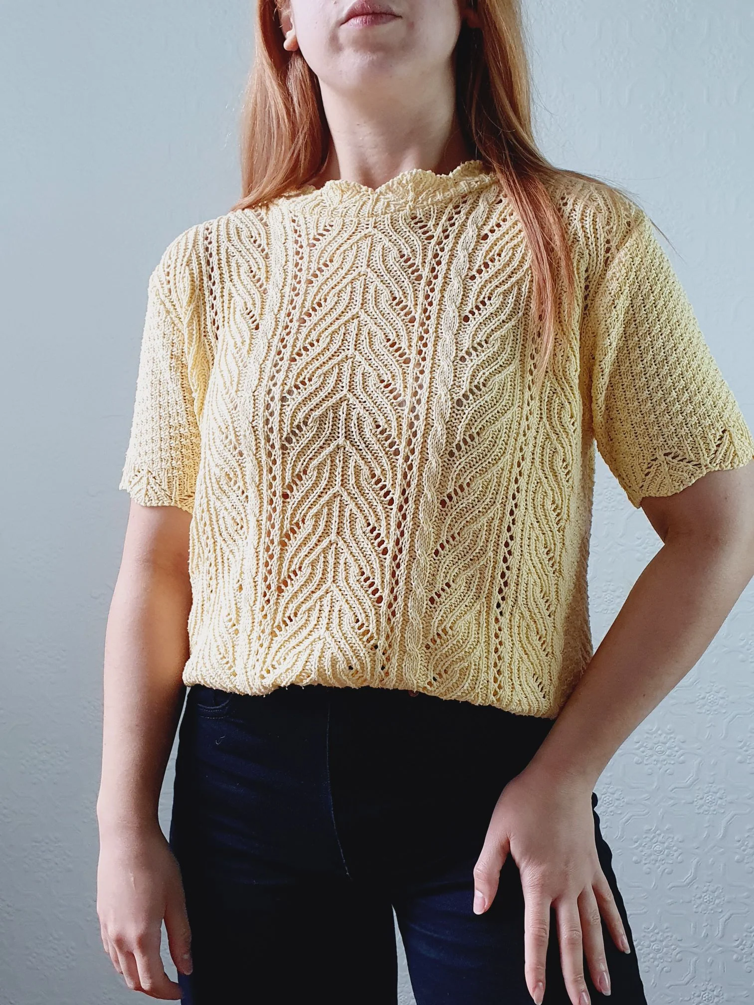 Vintage 70s Pale Yellow Scalloped Neck Short Sleeve Crochet Top - S - Image 5