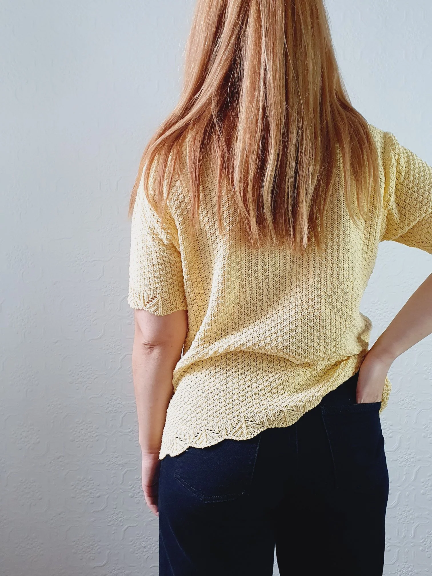 Vintage 70s Pale Yellow Scalloped Neck Short Sleeve Crochet Top - S - Image 6