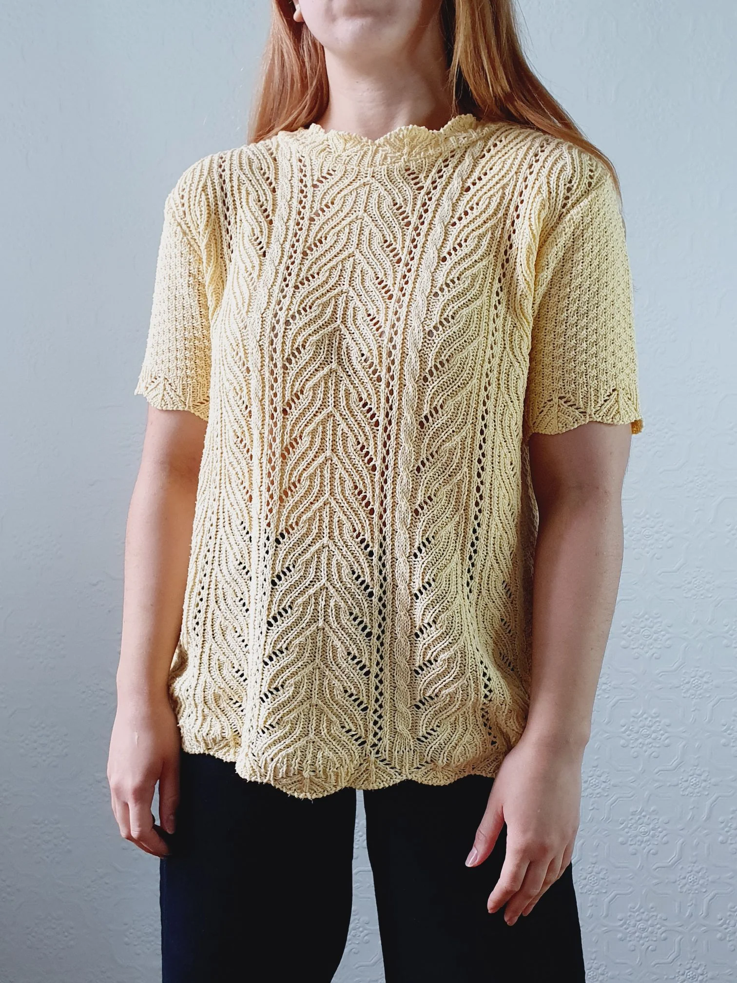 Vintage 70s Pale Yellow Scalloped Neck Short Sleeve Crochet Top - S - Image 8