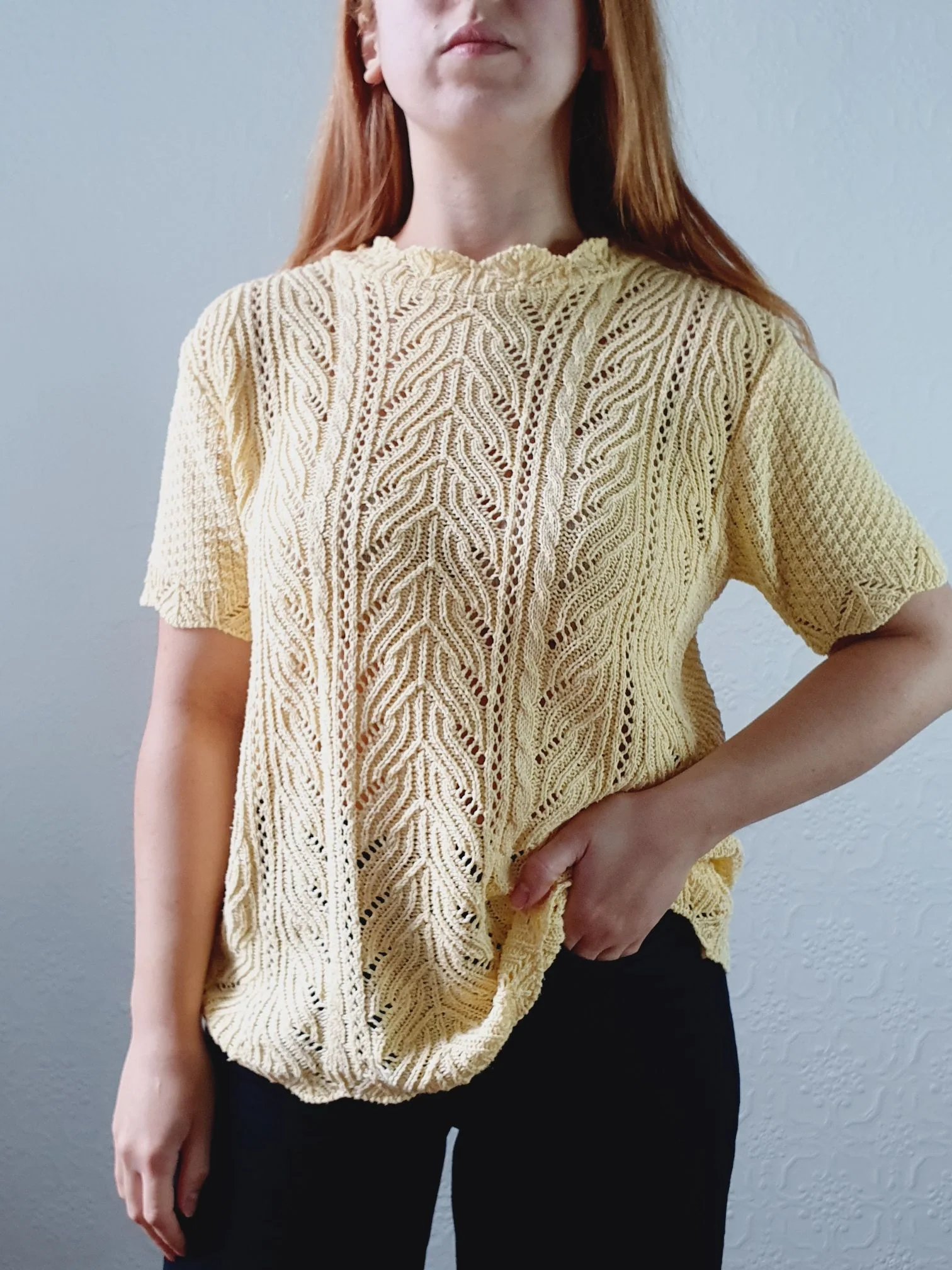 Vintage 70s Pale Yellow Scalloped Neck Short Sleeve Crochet Top - S - Image 9