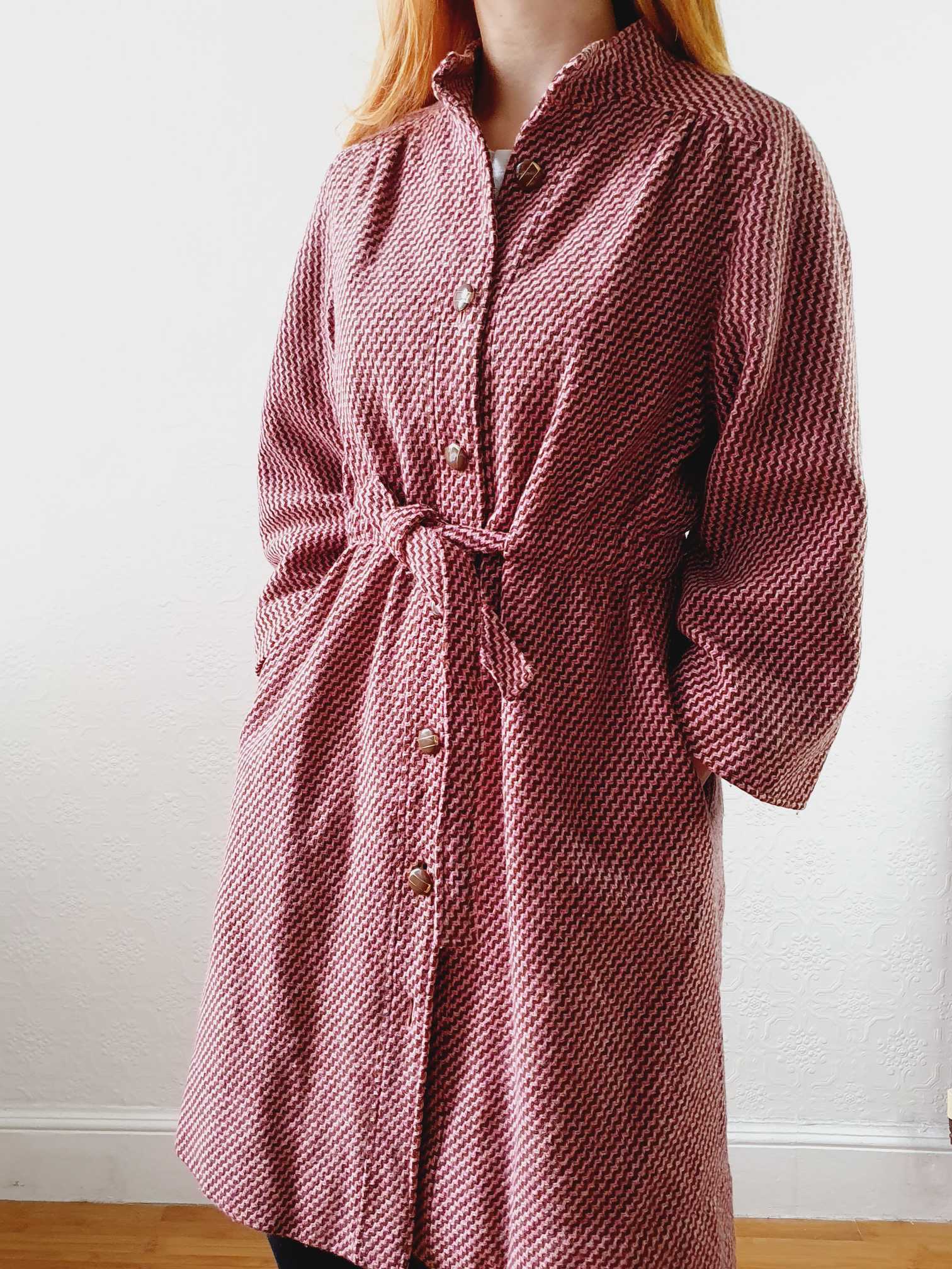 Vintage 70s Pink & Brown Chevron Wool Coat with Belt - M/L