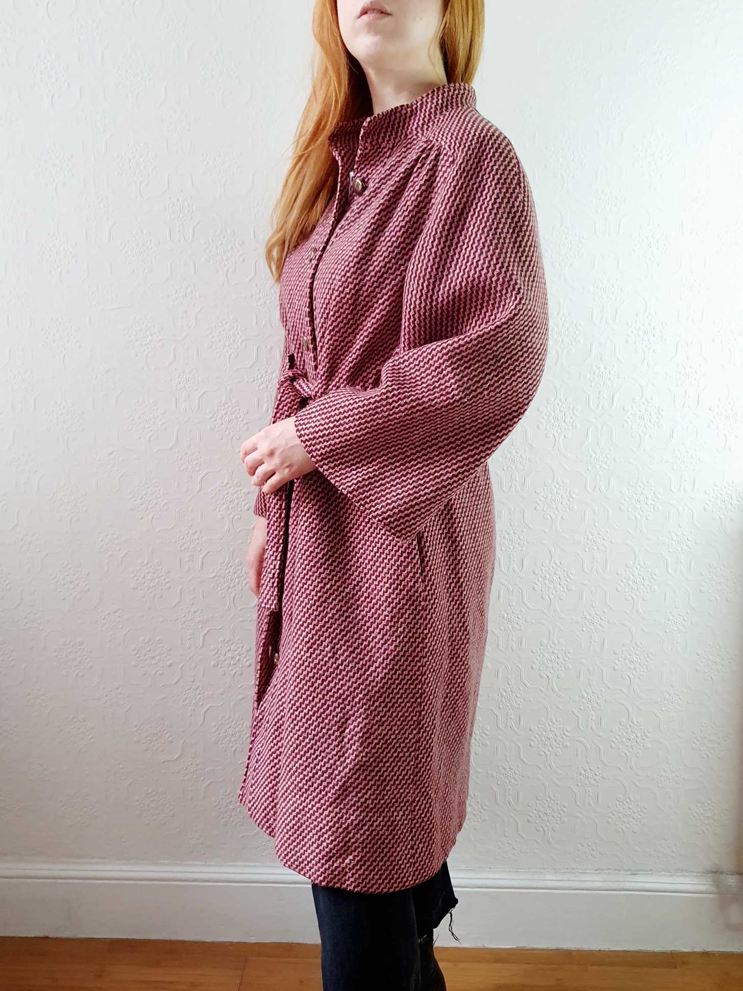 Vintage 70s Pink & Brown Chevron Wool Coat with Belt - M/L - Image 11