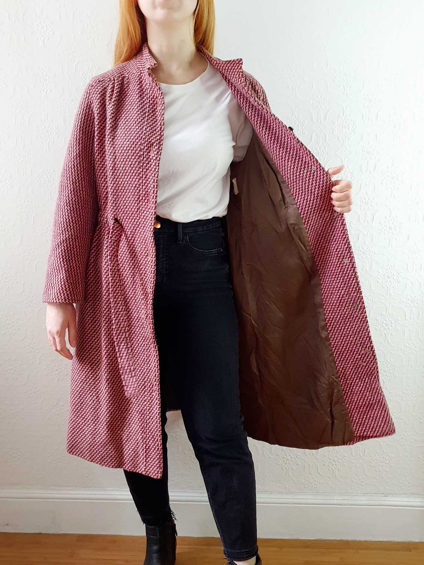 Vintage 70s Pink & Brown Chevron Wool Coat with Belt - M/L - Image 12