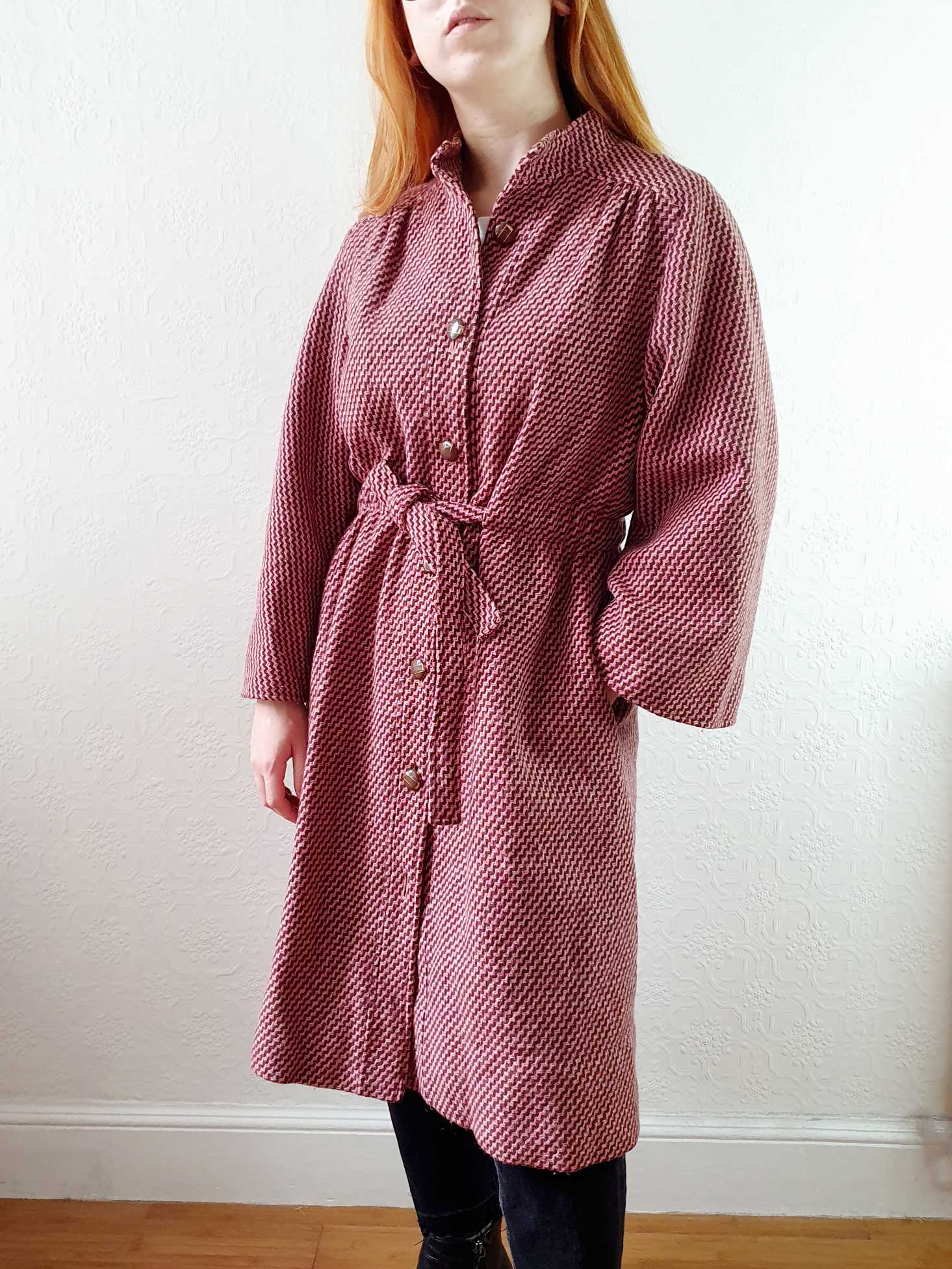 Vintage 70s Pink & Brown Chevron Wool Coat with Belt - M/L - Image 13
