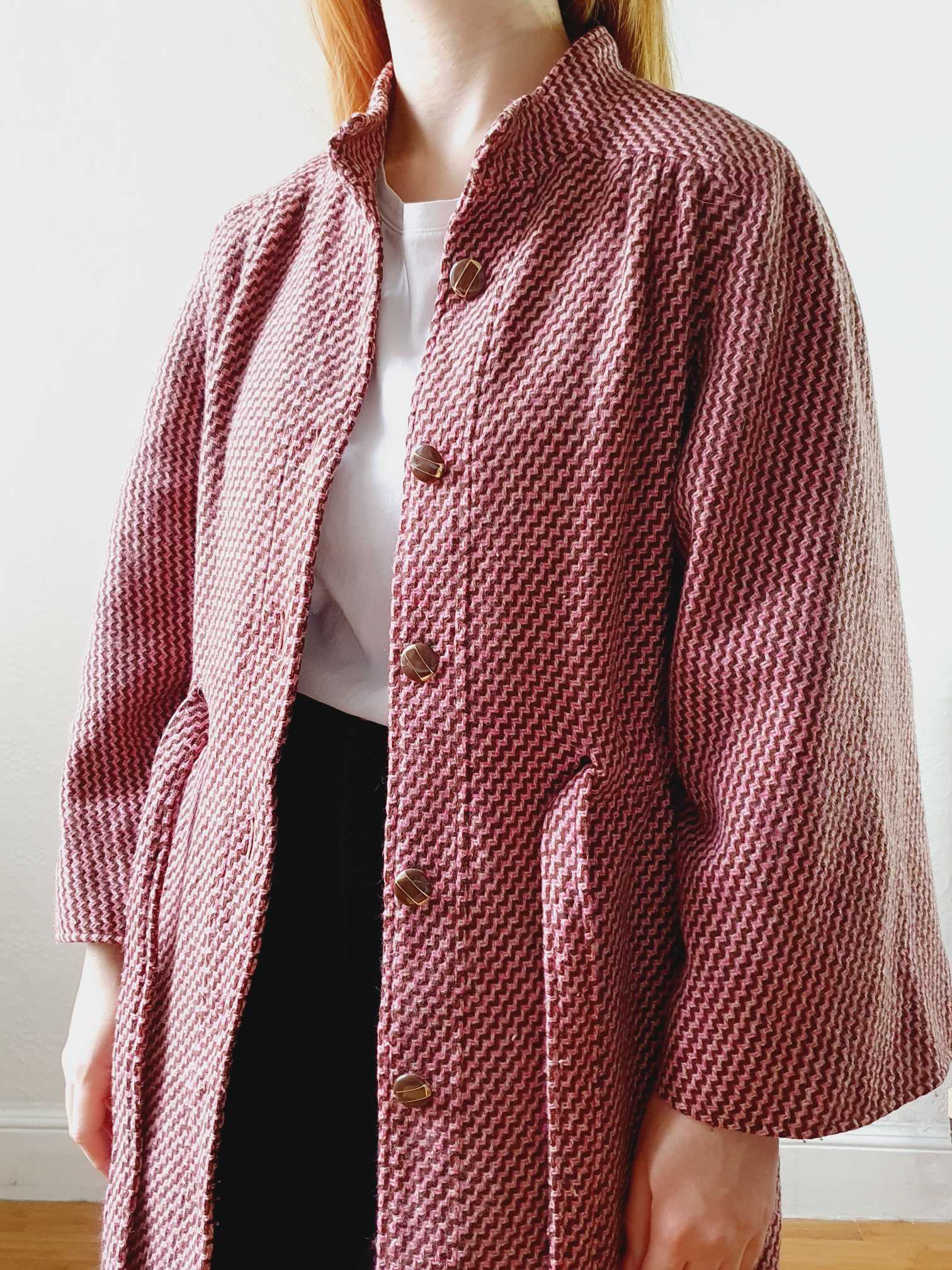 Vintage 70s Pink & Brown Chevron Wool Coat with Belt - M/L - Image 14