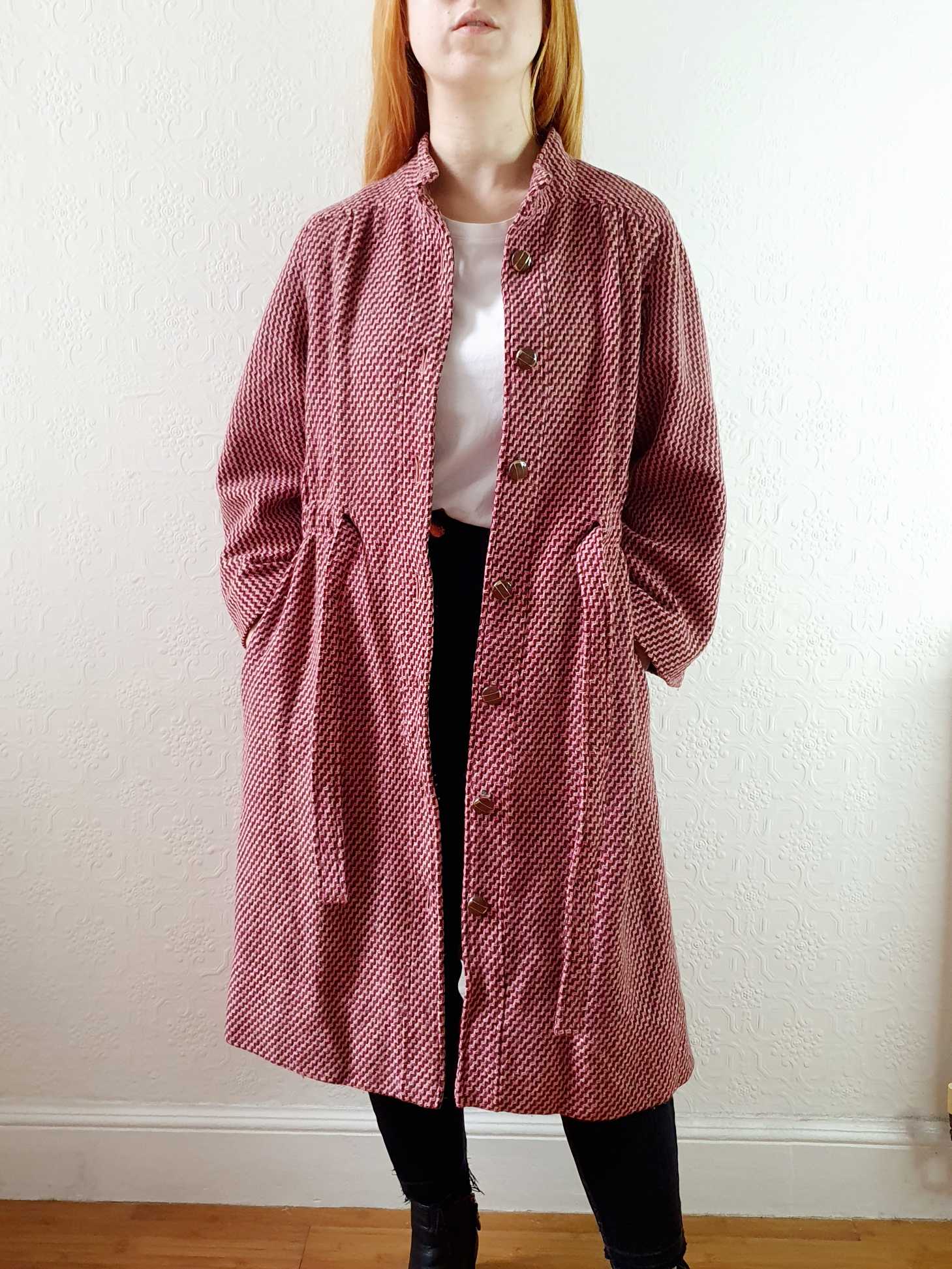 Vintage 70s Pink & Brown Chevron Wool Coat with Belt - M/L - Image 15