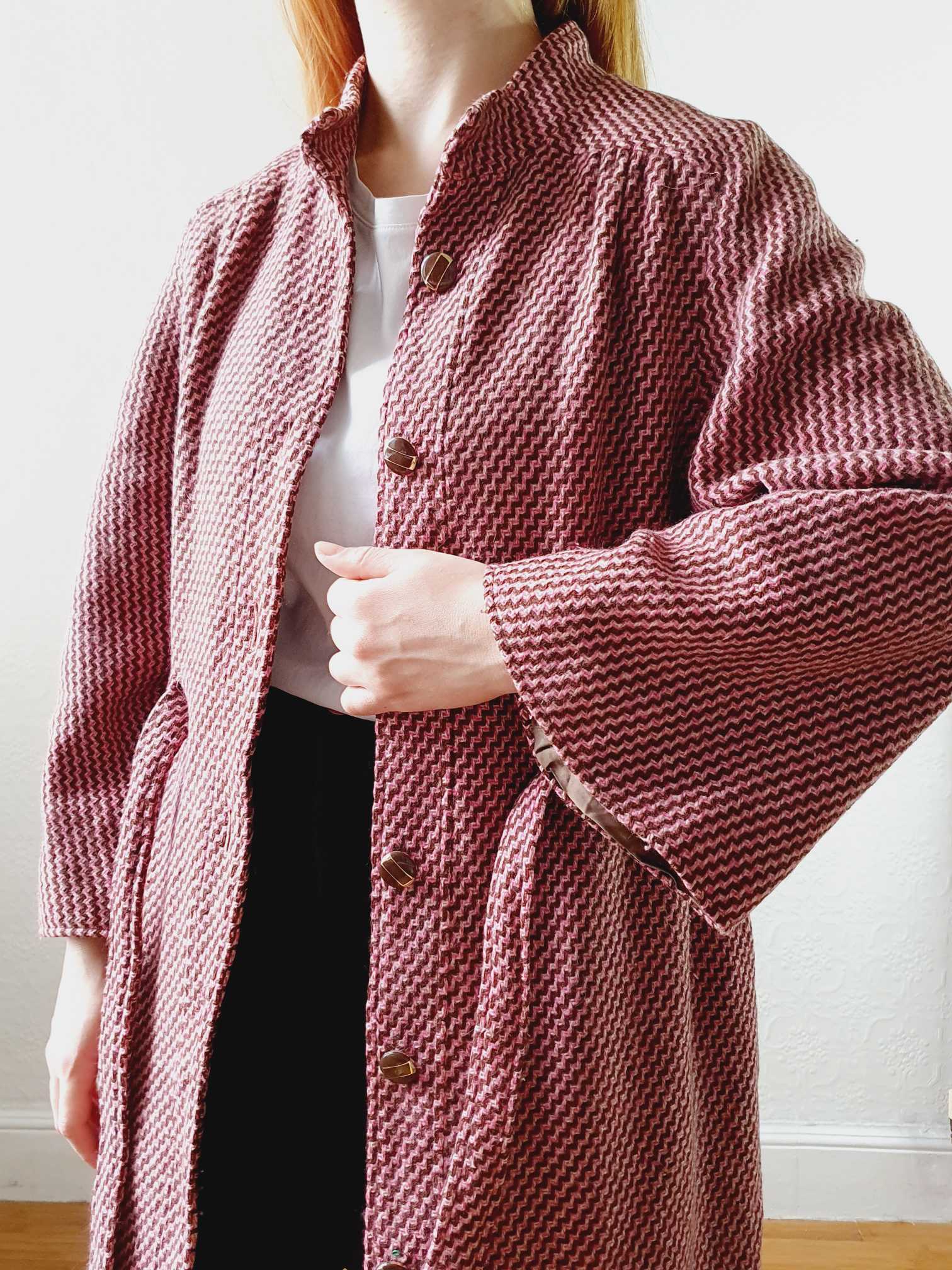 Vintage 70s Pink & Brown Chevron Wool Coat with Belt - M/L - Image 2