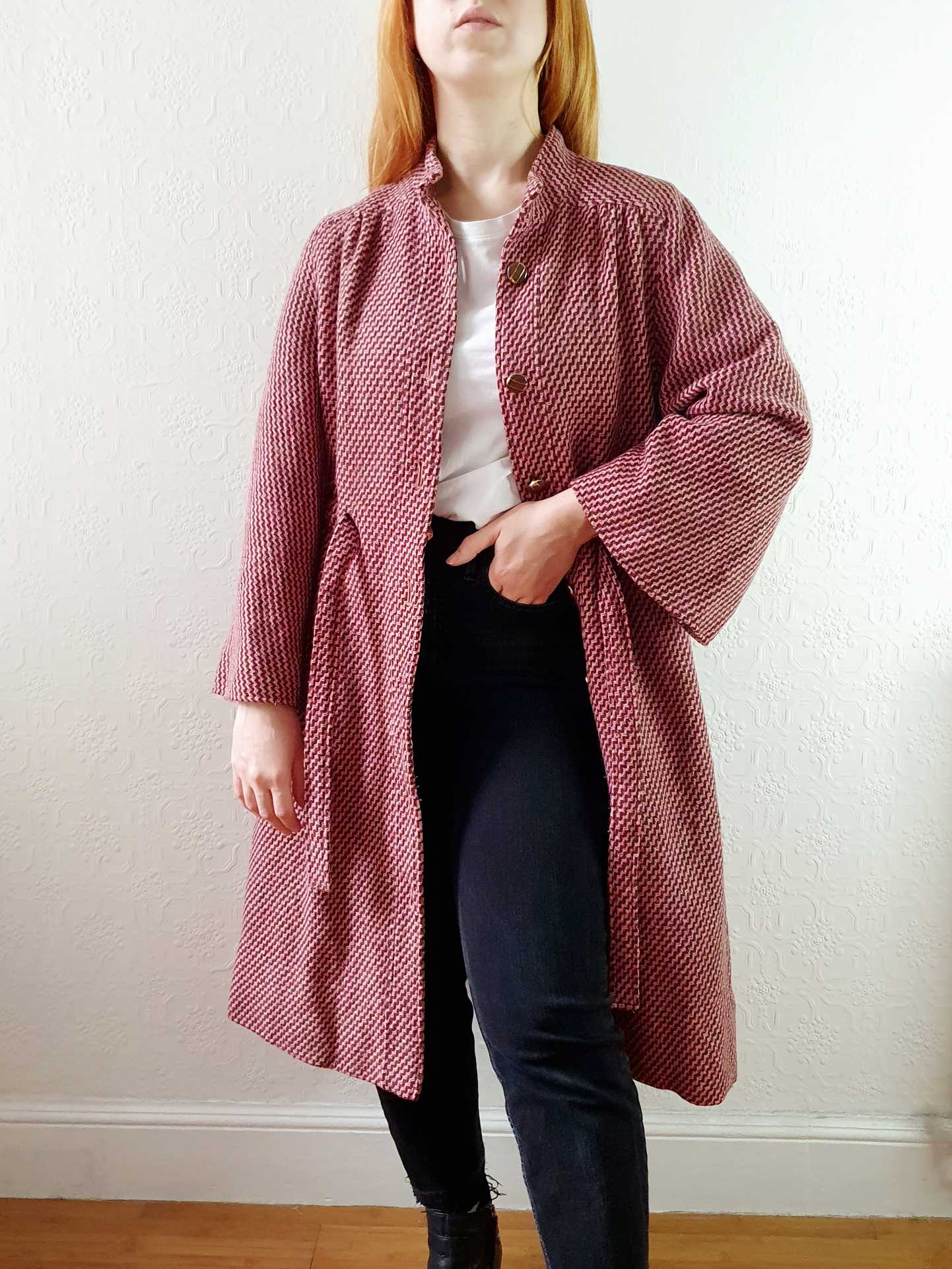 Vintage 70s Pink & Brown Chevron Wool Coat with Belt - M/L - Image 4