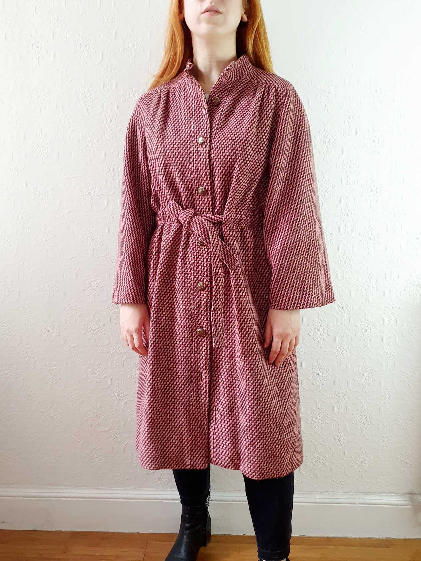 Vintage 70s Pink & Brown Chevron Wool Coat with Belt - M/L - Image 5