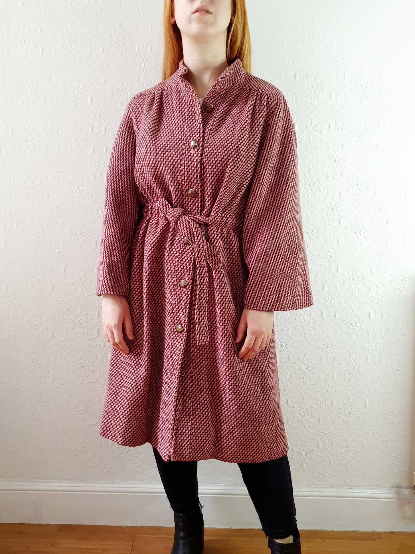 Vintage 70s Pink & Brown Chevron Wool Coat with Belt - M/L - Image 6