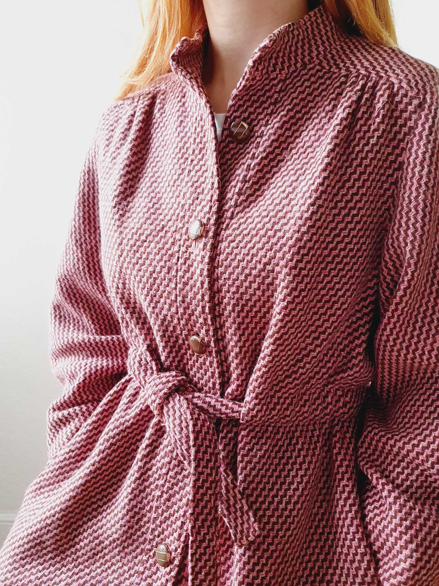 Vintage 70s Pink & Brown Chevron Wool Coat with Belt - M/L - Image 8