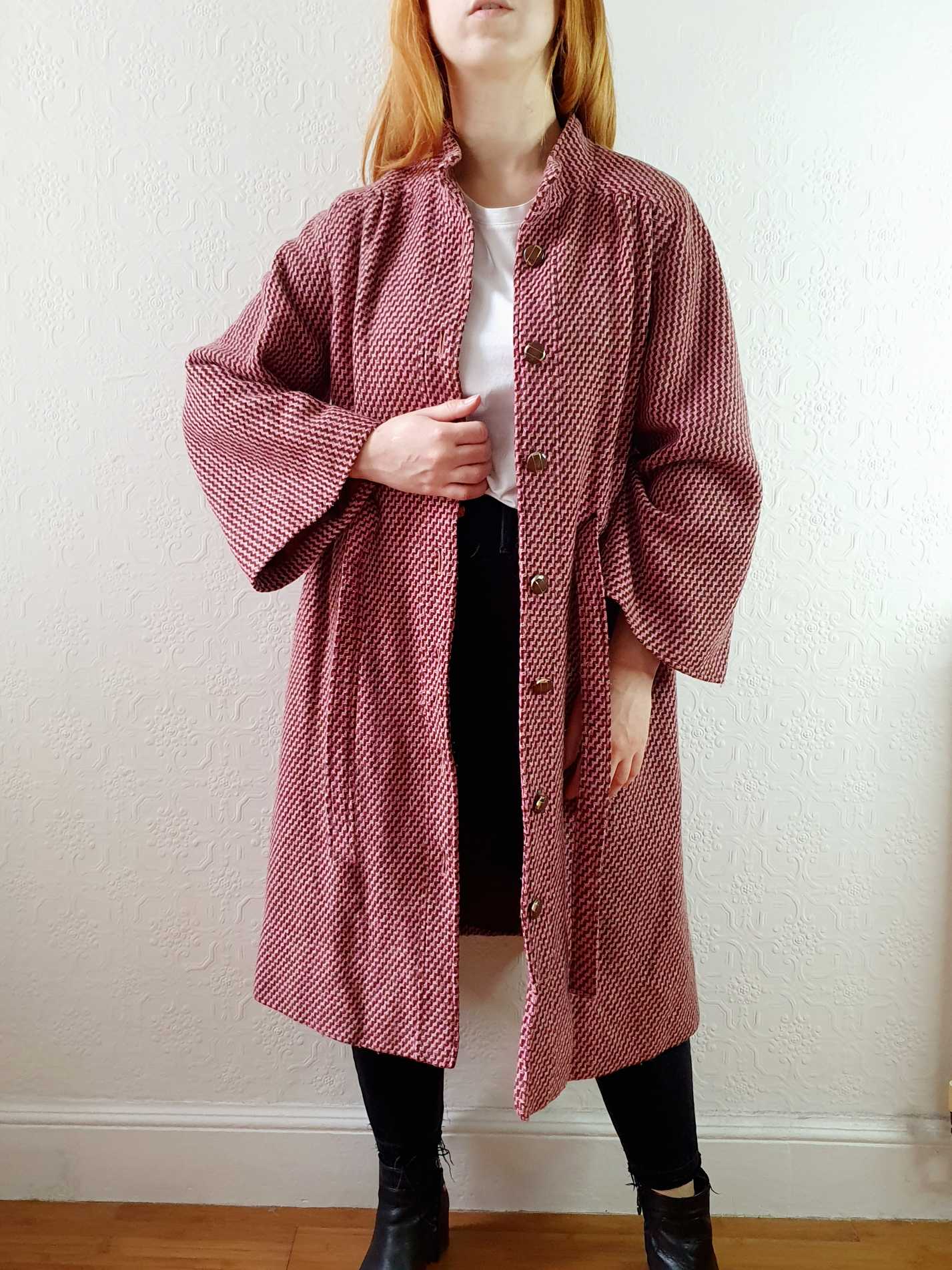 Vintage 70s Pink & Brown Chevron Wool Coat with Belt - M/L - Image 9