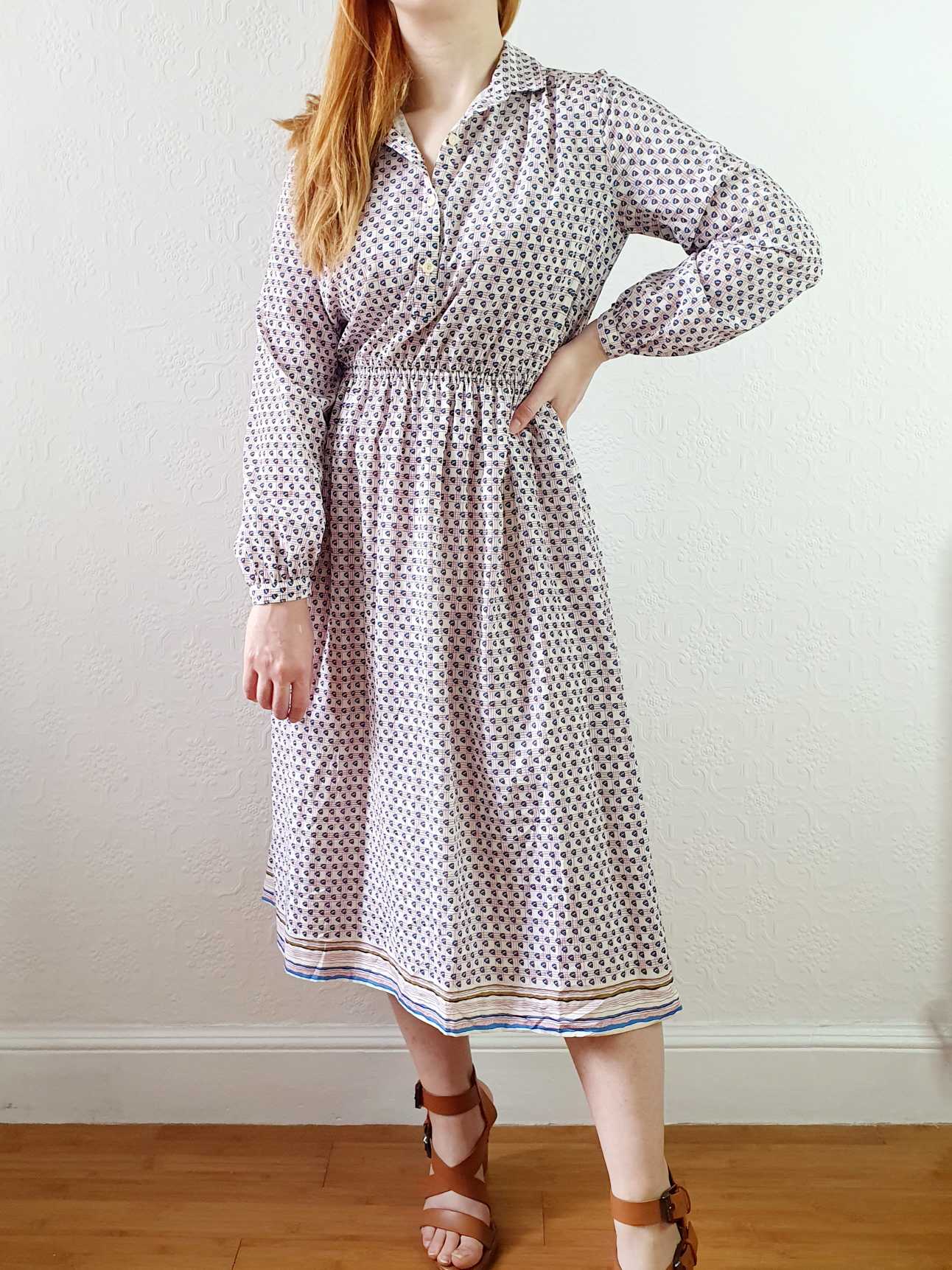 Vintage 70s Pink Check and Abstract Pattern Long Sleeve Shirt Dress - S/M