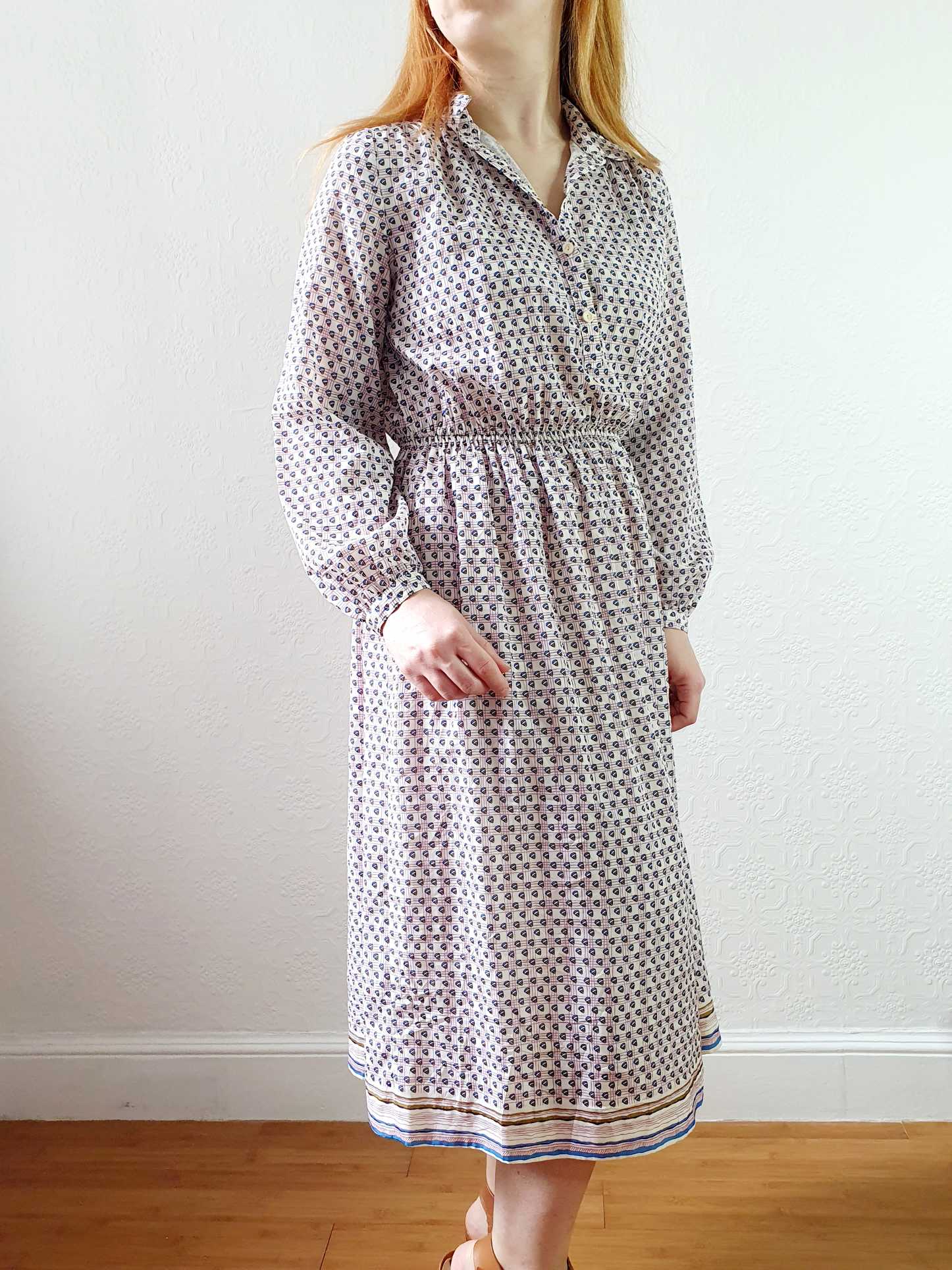 Vintage 70s Pink Check and Abstract Pattern Long Sleeve Shirt Dress - S/M - Image 10