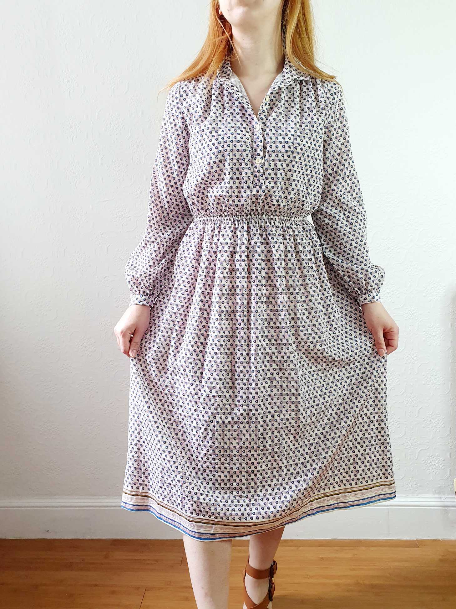 Vintage 70s Pink Check and Abstract Pattern Long Sleeve Shirt Dress - S/M - Image 11