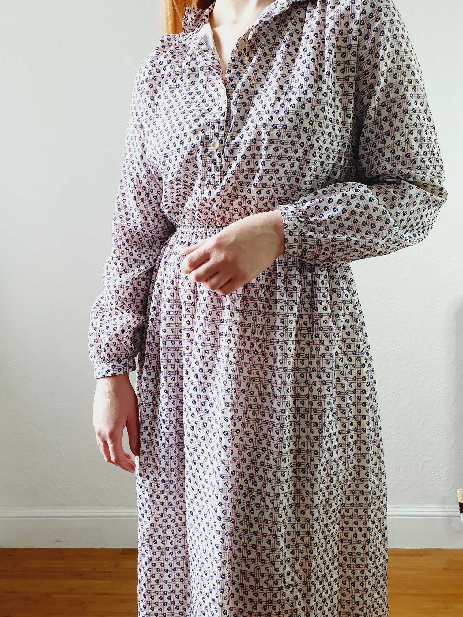 Vintage 70s Pink Check and Abstract Pattern Long Sleeve Shirt Dress - S/M - Image 2