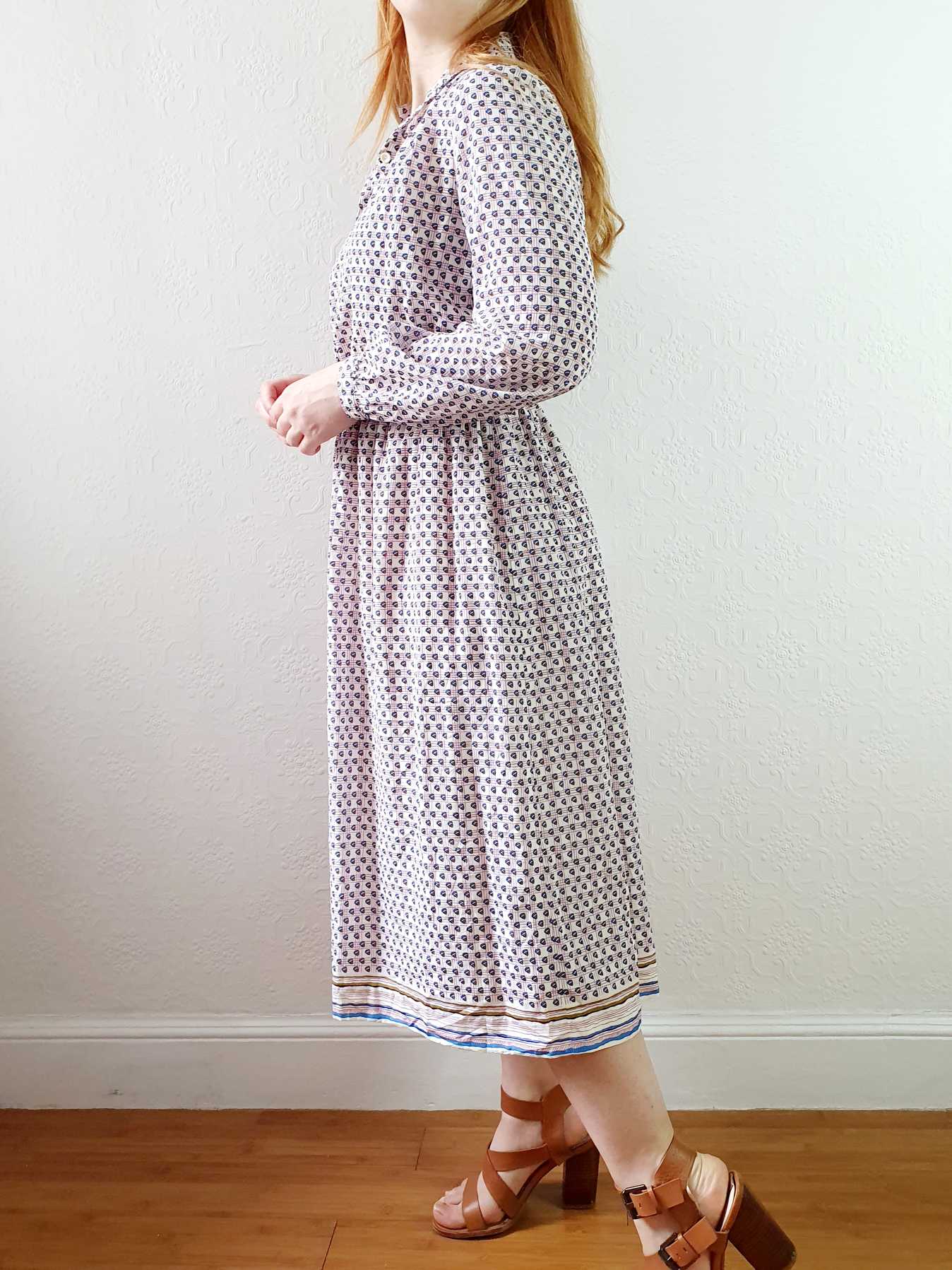 Vintage 70s Pink Check and Abstract Pattern Long Sleeve Shirt Dress - S/M - Image 3