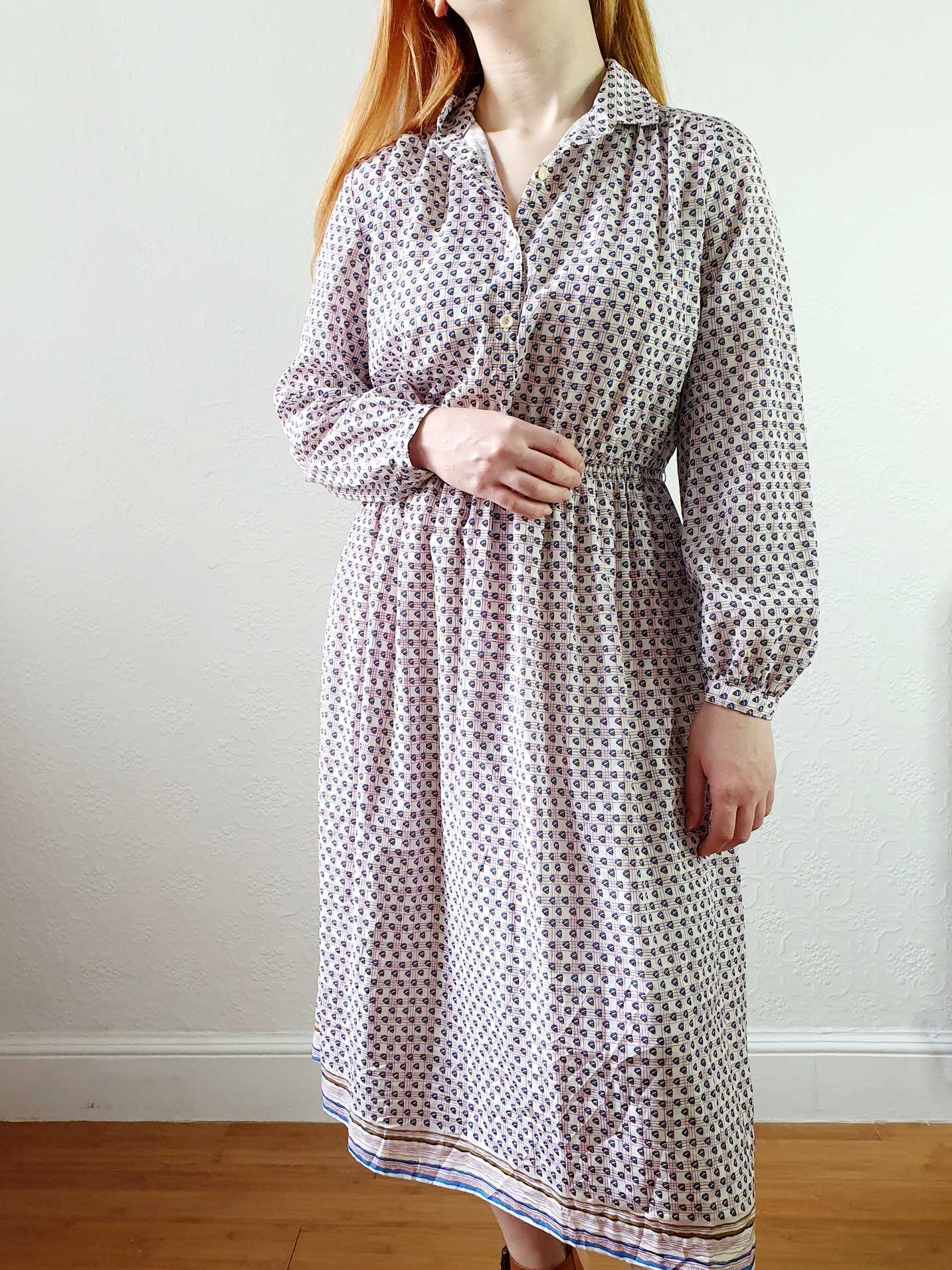 Vintage 70s Pink Check and Abstract Pattern Long Sleeve Shirt Dress - S/M - Image 5