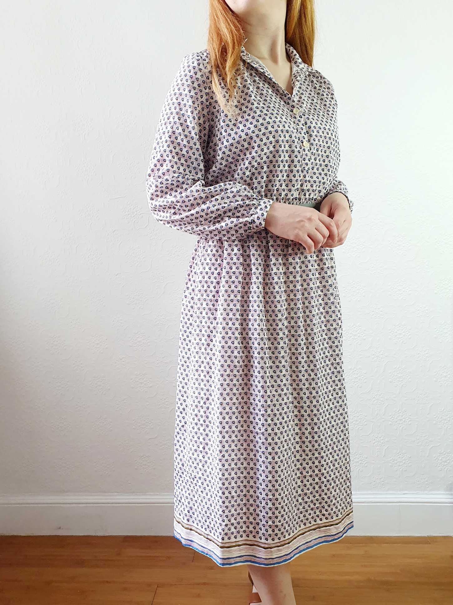 Vintage 70s Pink Check and Abstract Pattern Long Sleeve Shirt Dress - S/M - Image 7