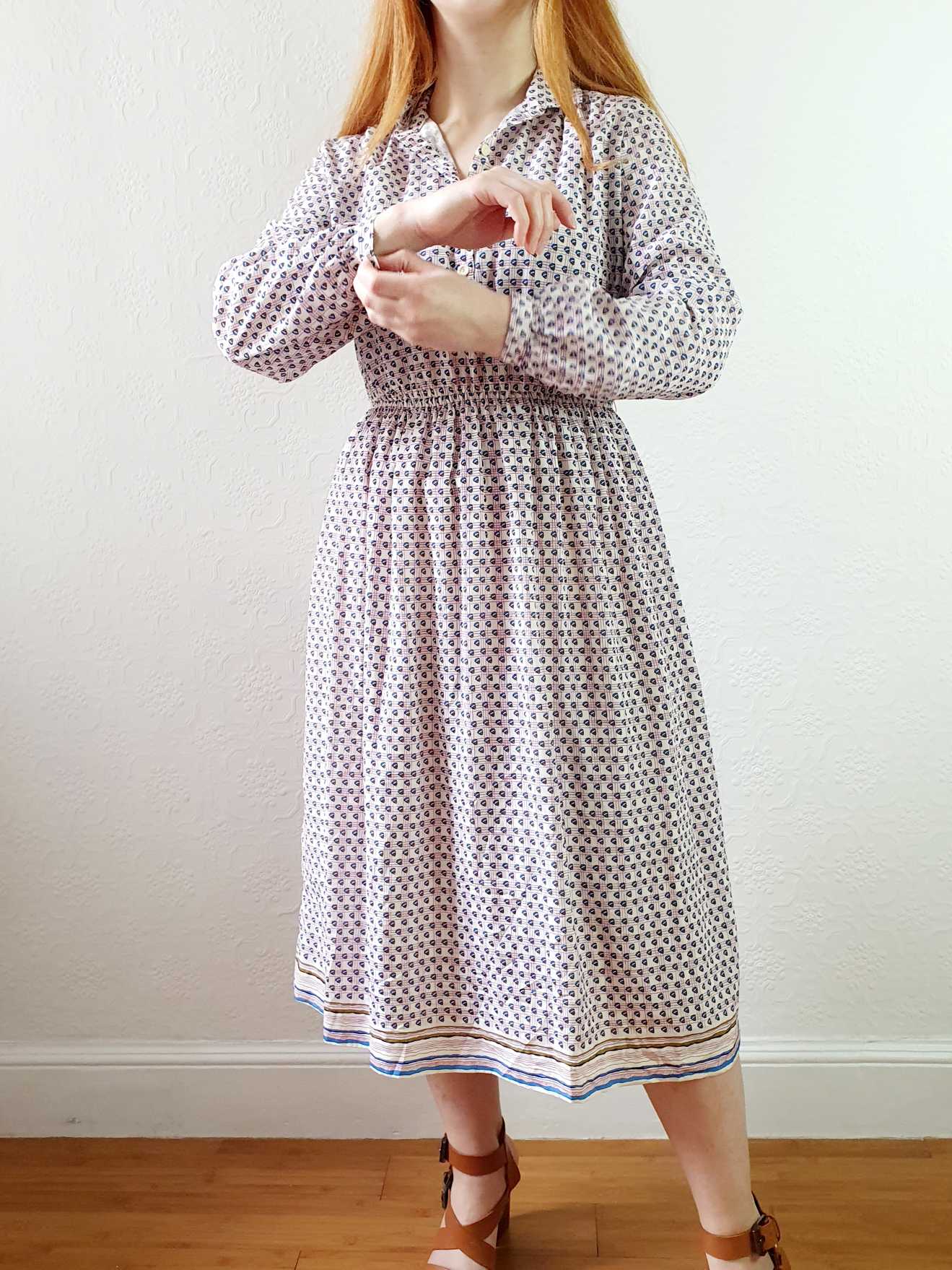 Vintage 70s Pink Check and Abstract Pattern Long Sleeve Shirt Dress - S/M - Image 9