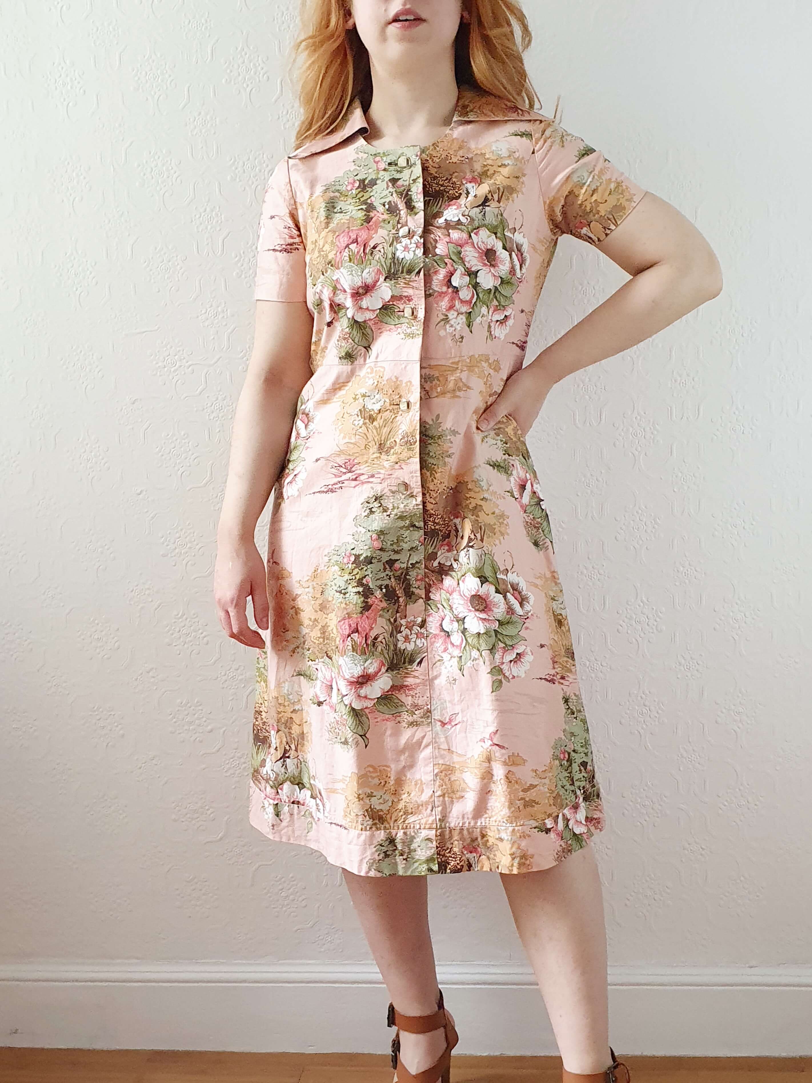 Vintage 70s Pink Floral Handmade Cotton Dress - S