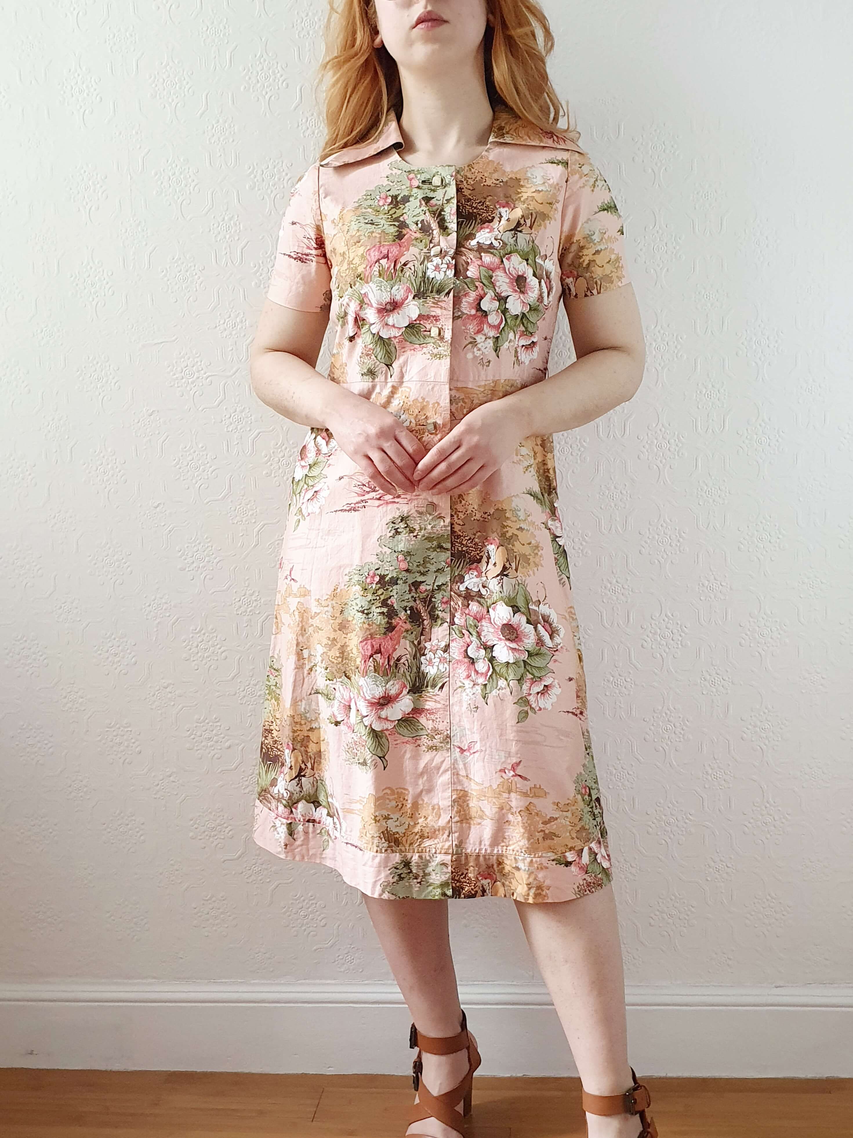 Vintage 70s Pink Floral Handmade Cotton Dress - S - Image 12
