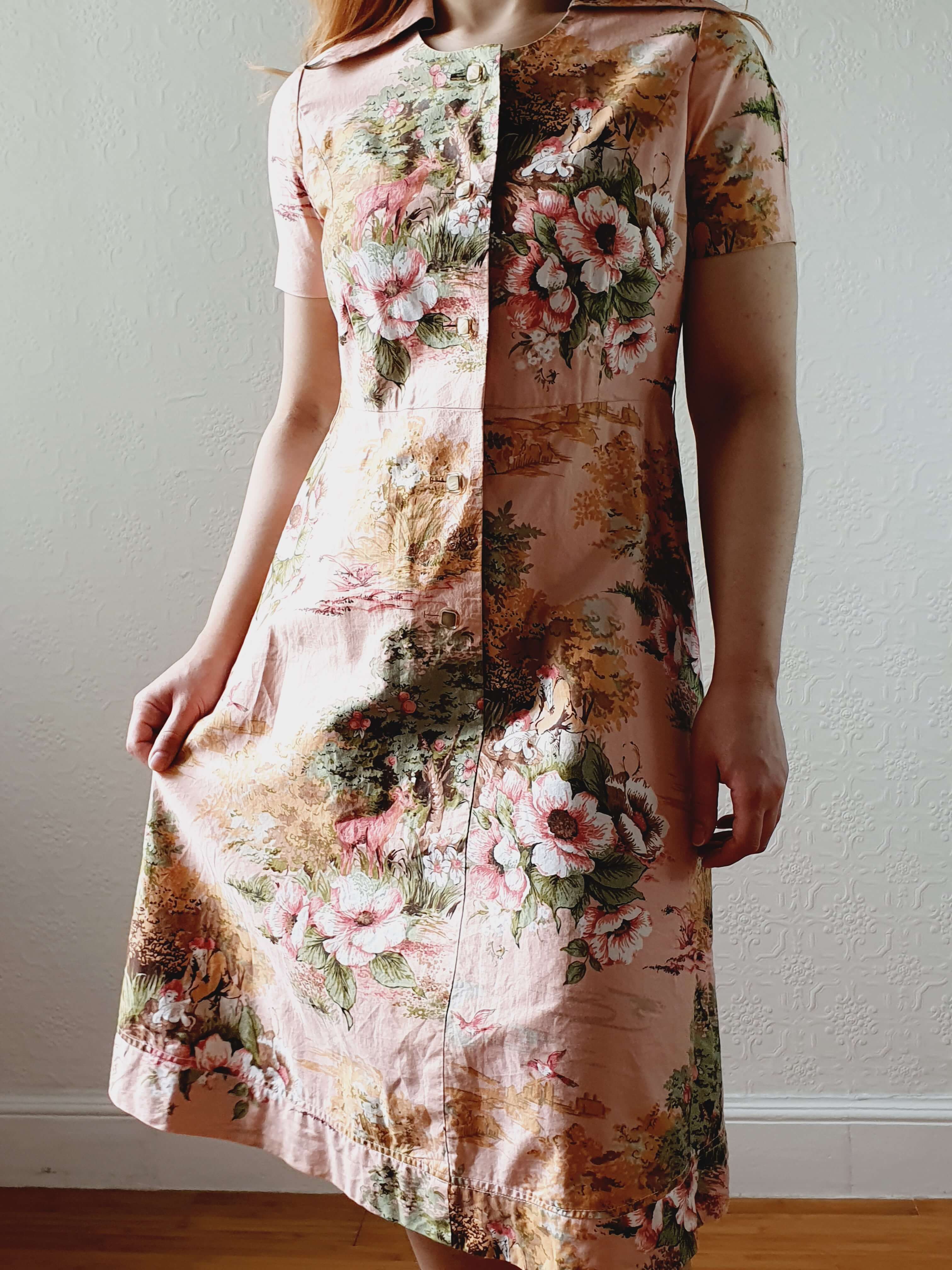 Vintage 70s Pink Floral Handmade Cotton Dress - S - Image 3