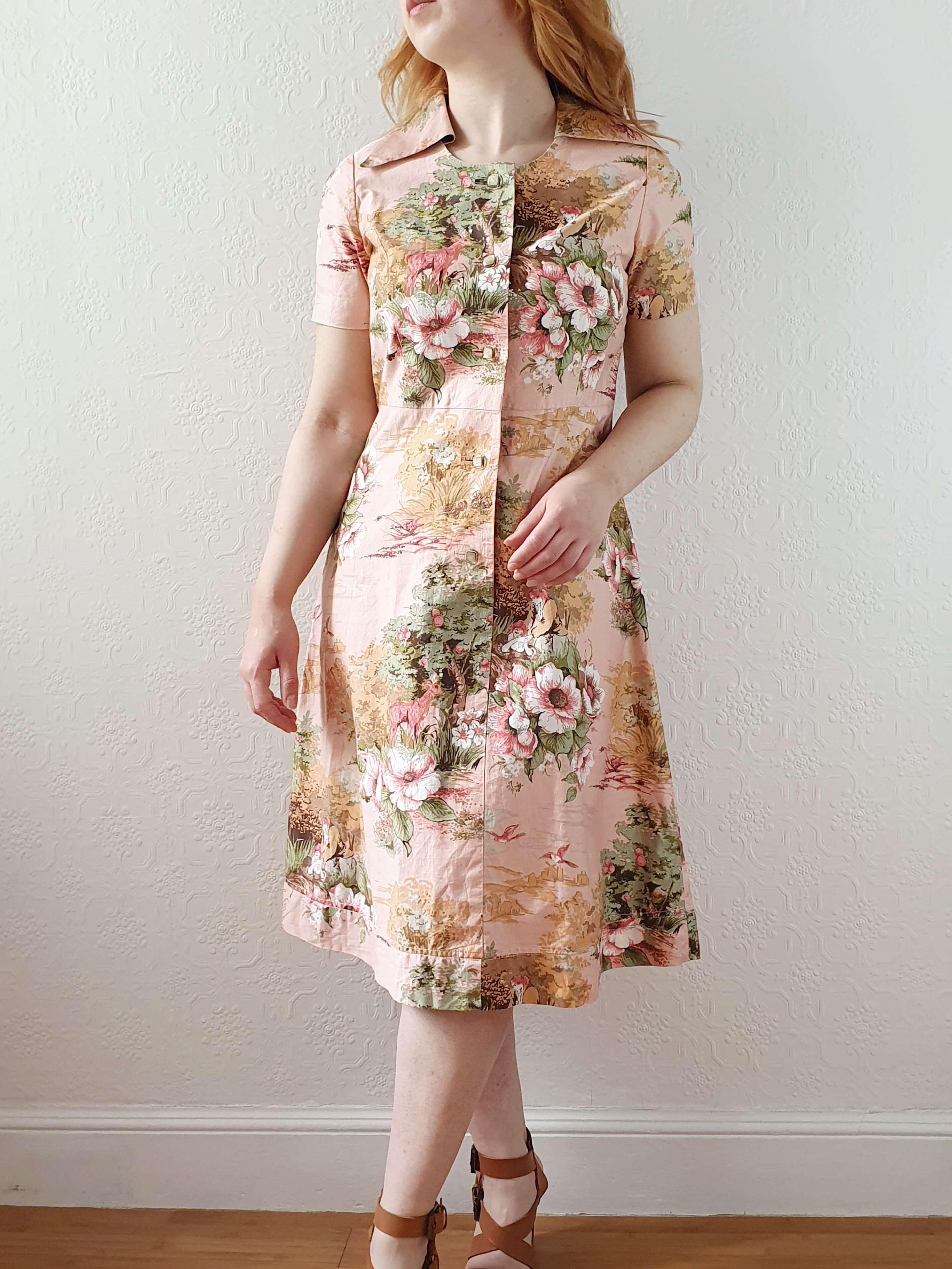 Vintage 70s Pink Floral Handmade Cotton Dress - S - Image 4
