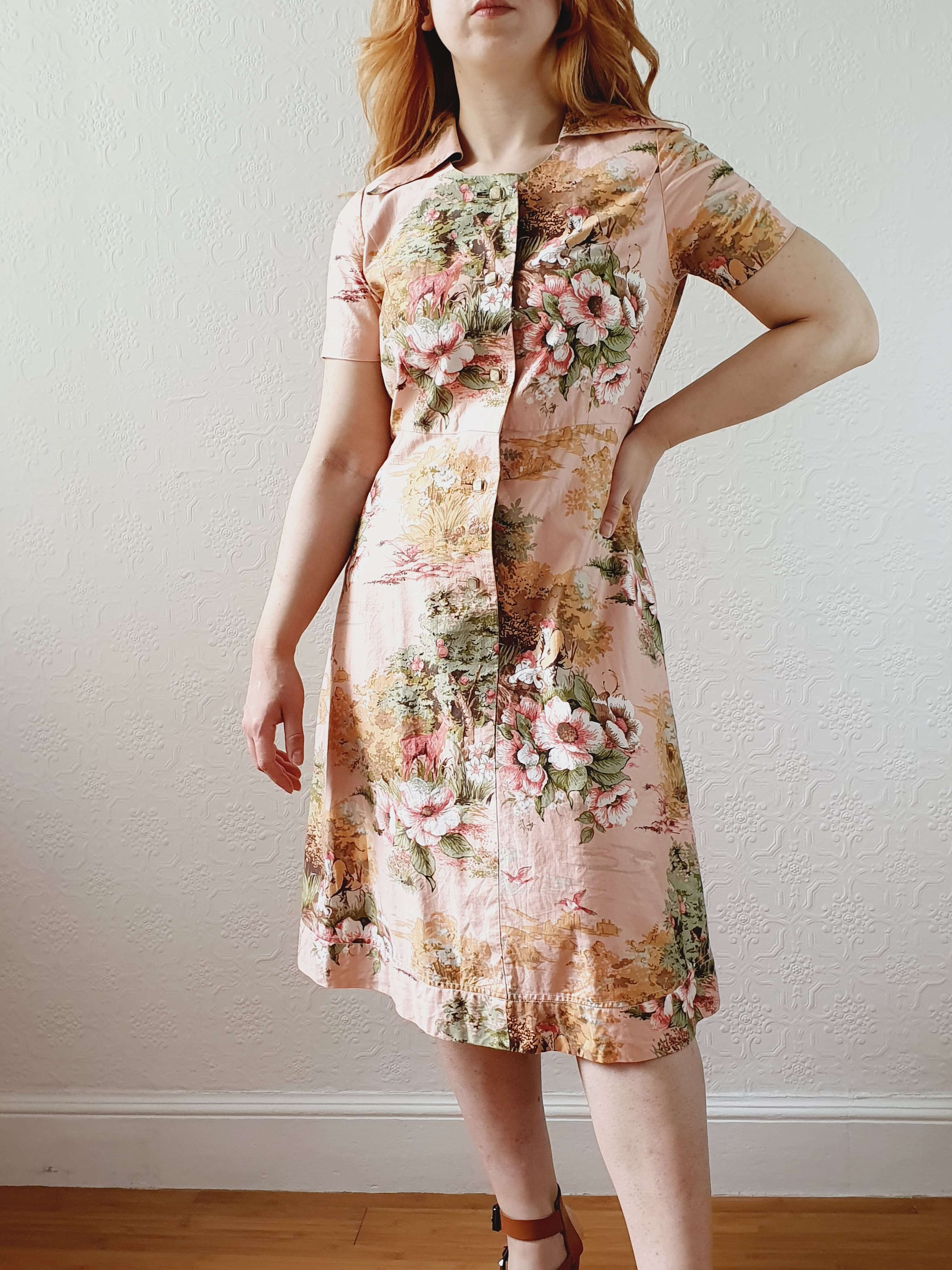 Vintage 70s Pink Floral Handmade Cotton Dress - S - Image 5