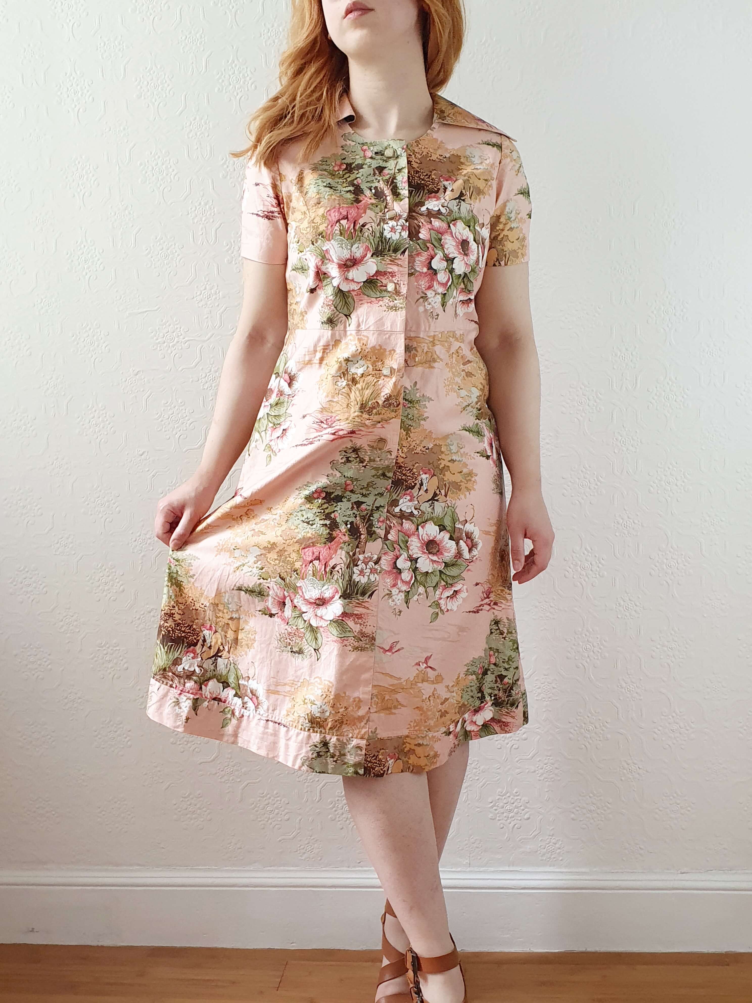 Vintage 70s Pink Floral Handmade Cotton Dress - S - Image 6