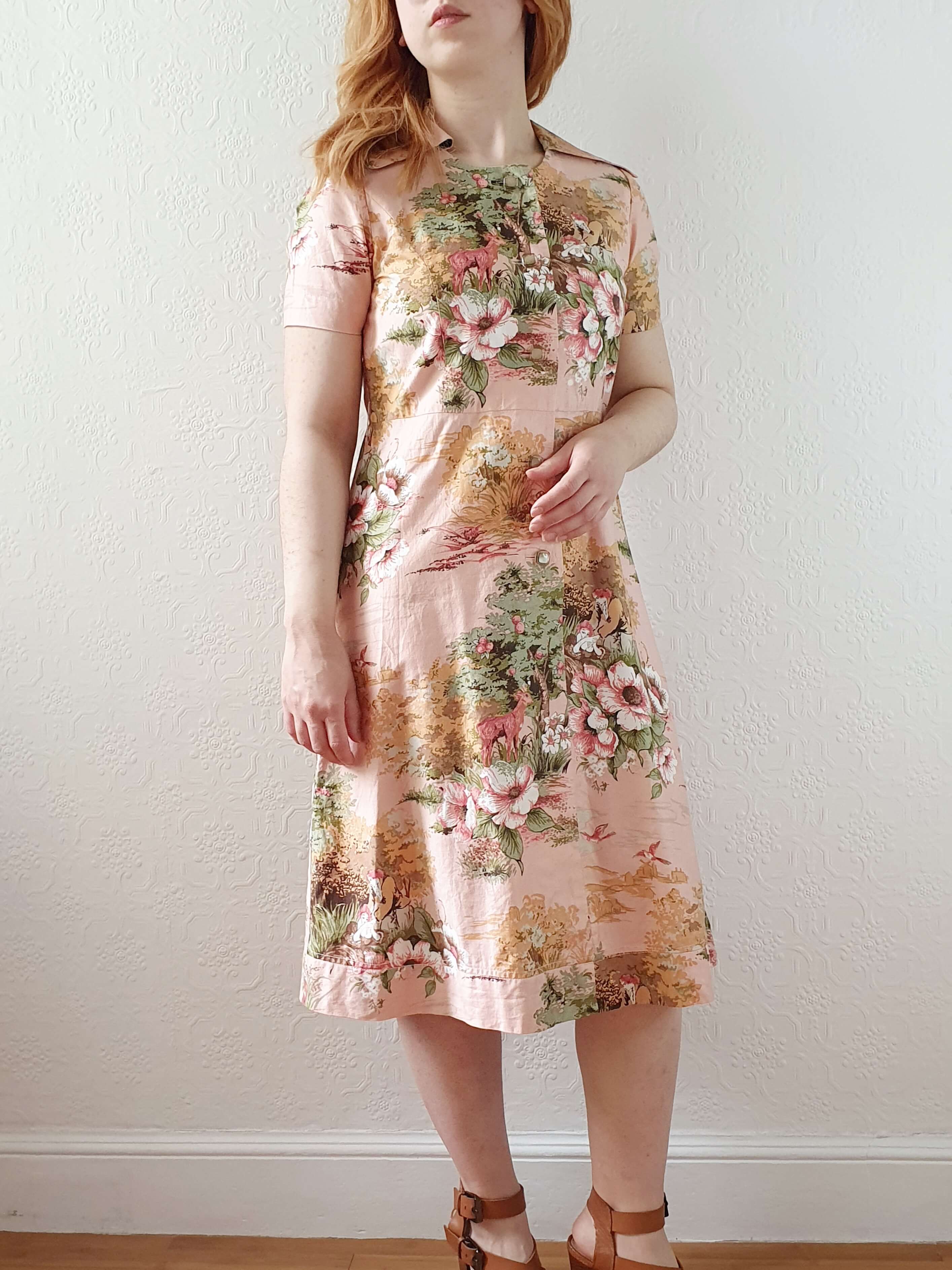 Vintage 70s Pink Floral Handmade Cotton Dress - S - Image 7