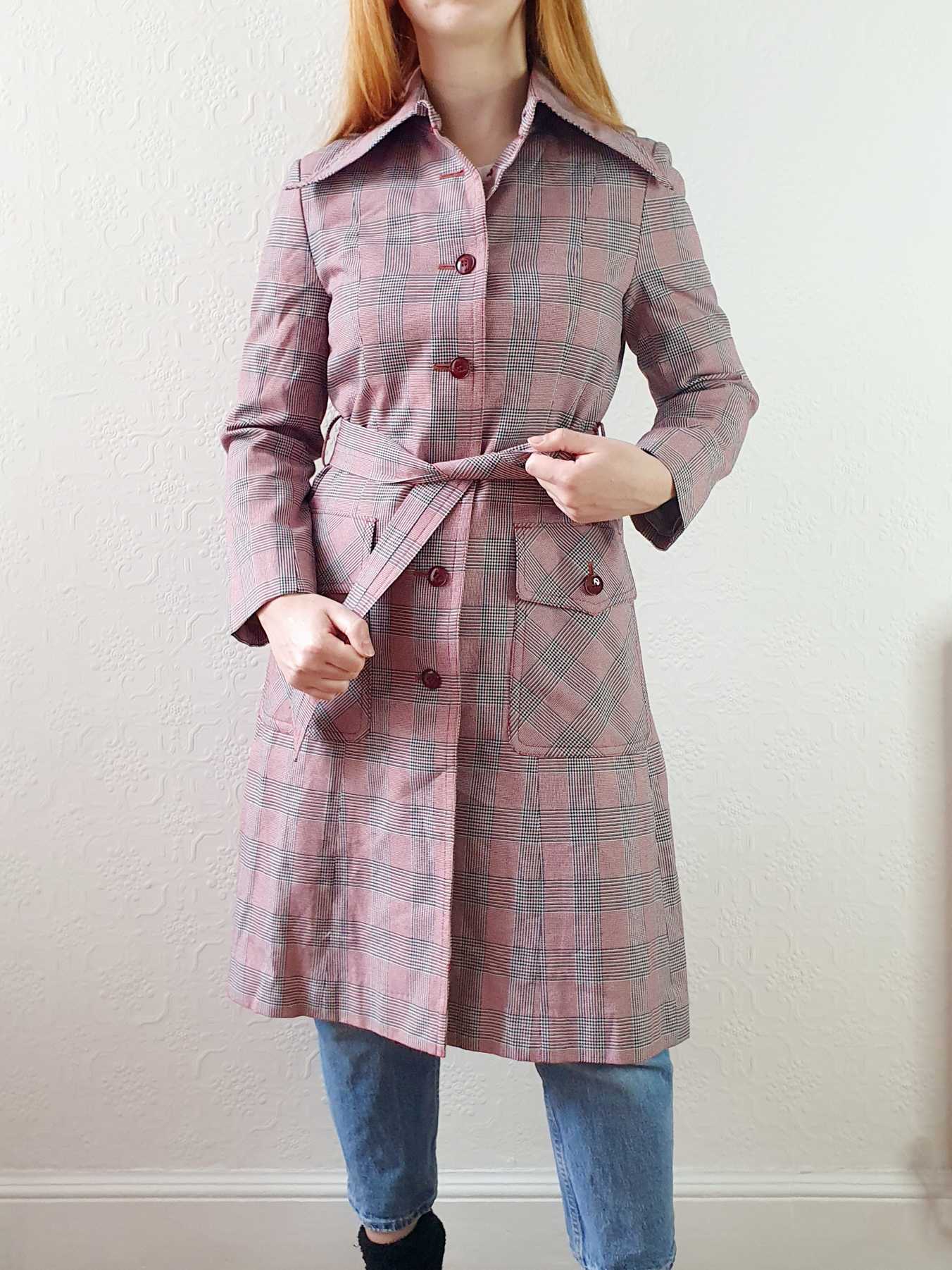 Vintage 70s Pink & Grey Checked Trench Coat - XS